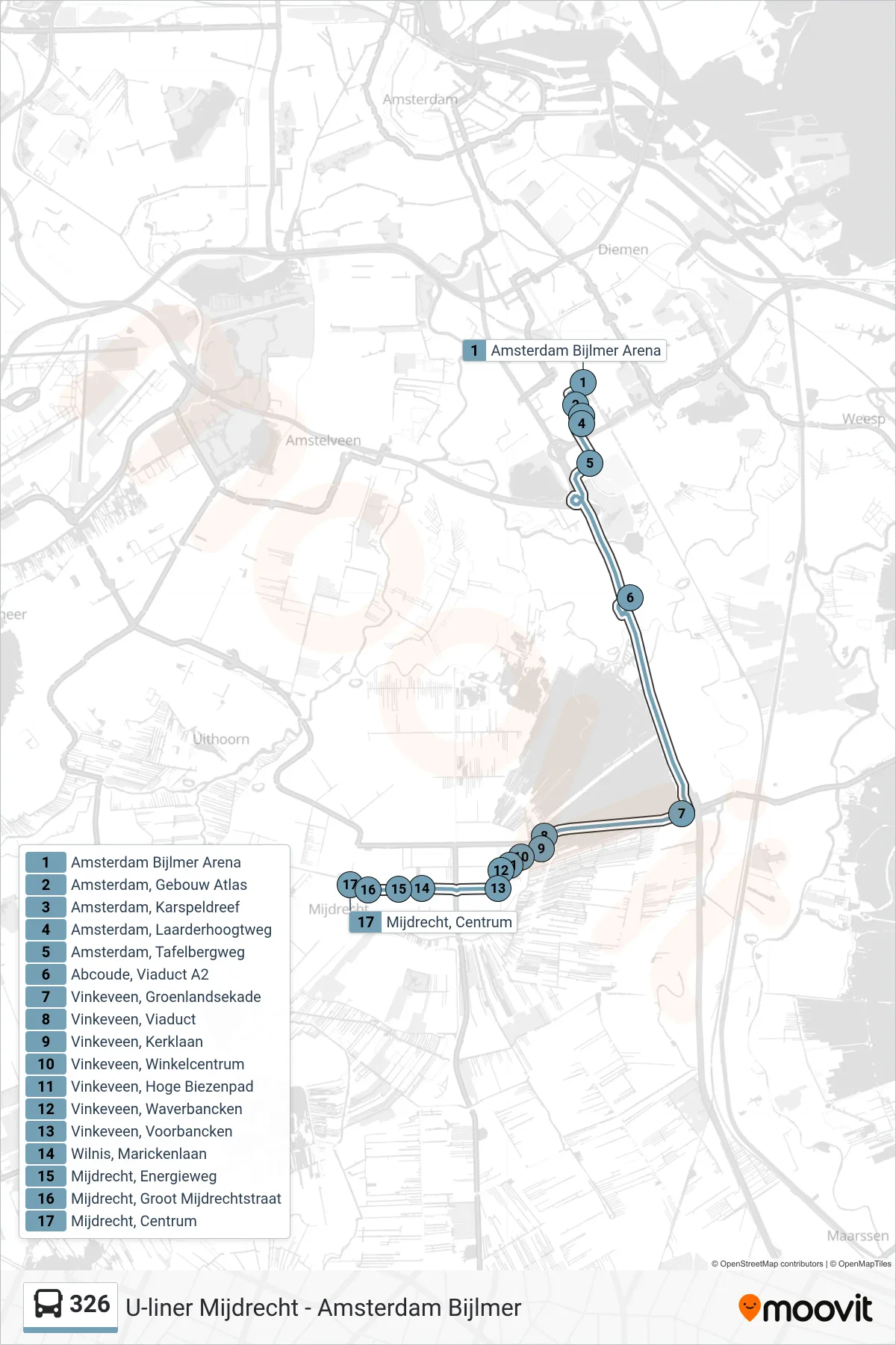 Lijn 326 (bus, Mijdrecht): route en haltes op de kaart