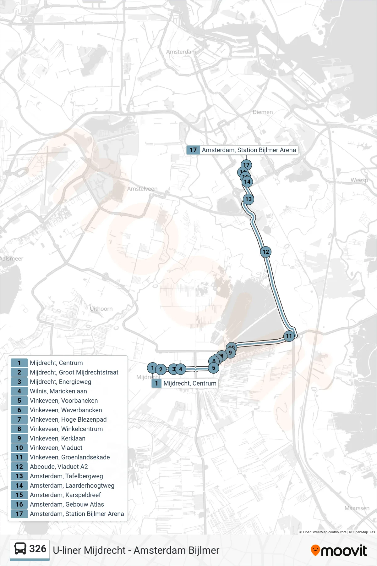 Lijn 326 (bus, Amsterdam): route en haltes op de kaart