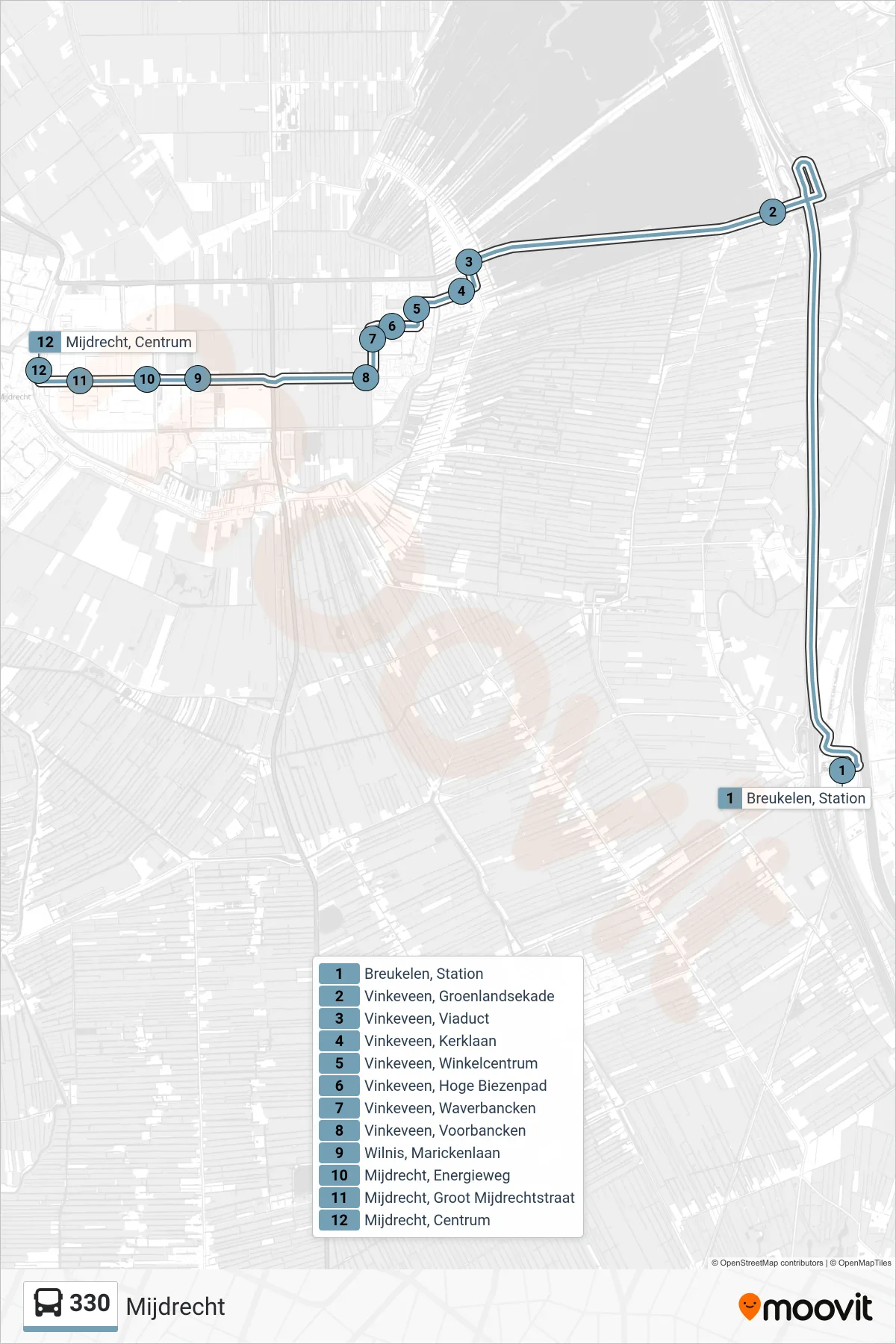 Lijn 330 (bus, Mijdrecht): route en haltes op de kaart
