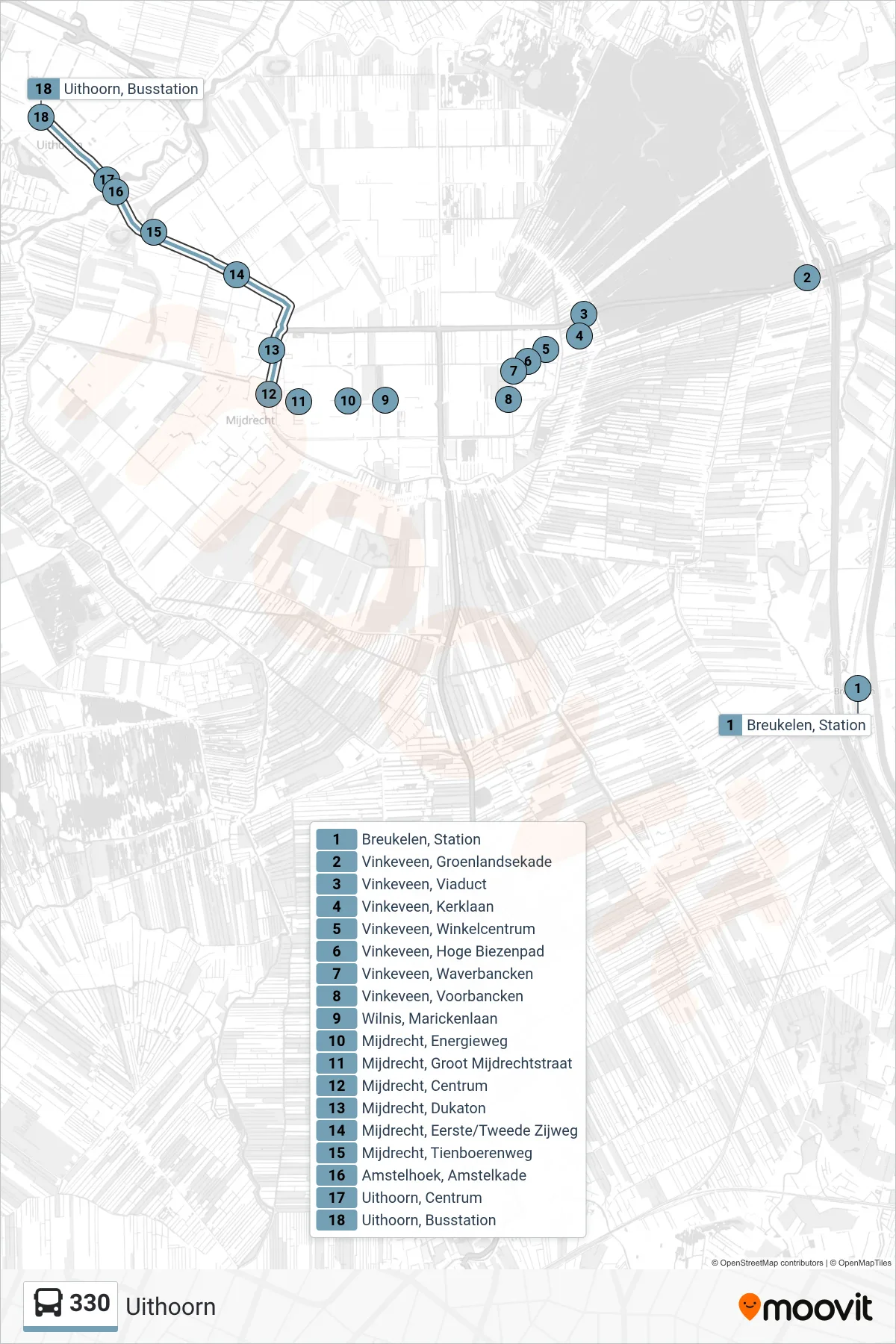 330 bus Line (Uithoorn) route and stops on a map