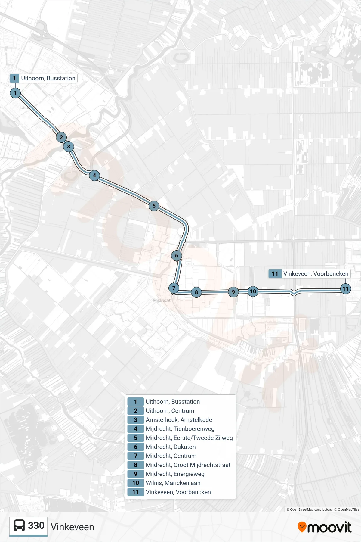 Lijn 330 (bus, Vinkeveen): route en haltes op de kaart