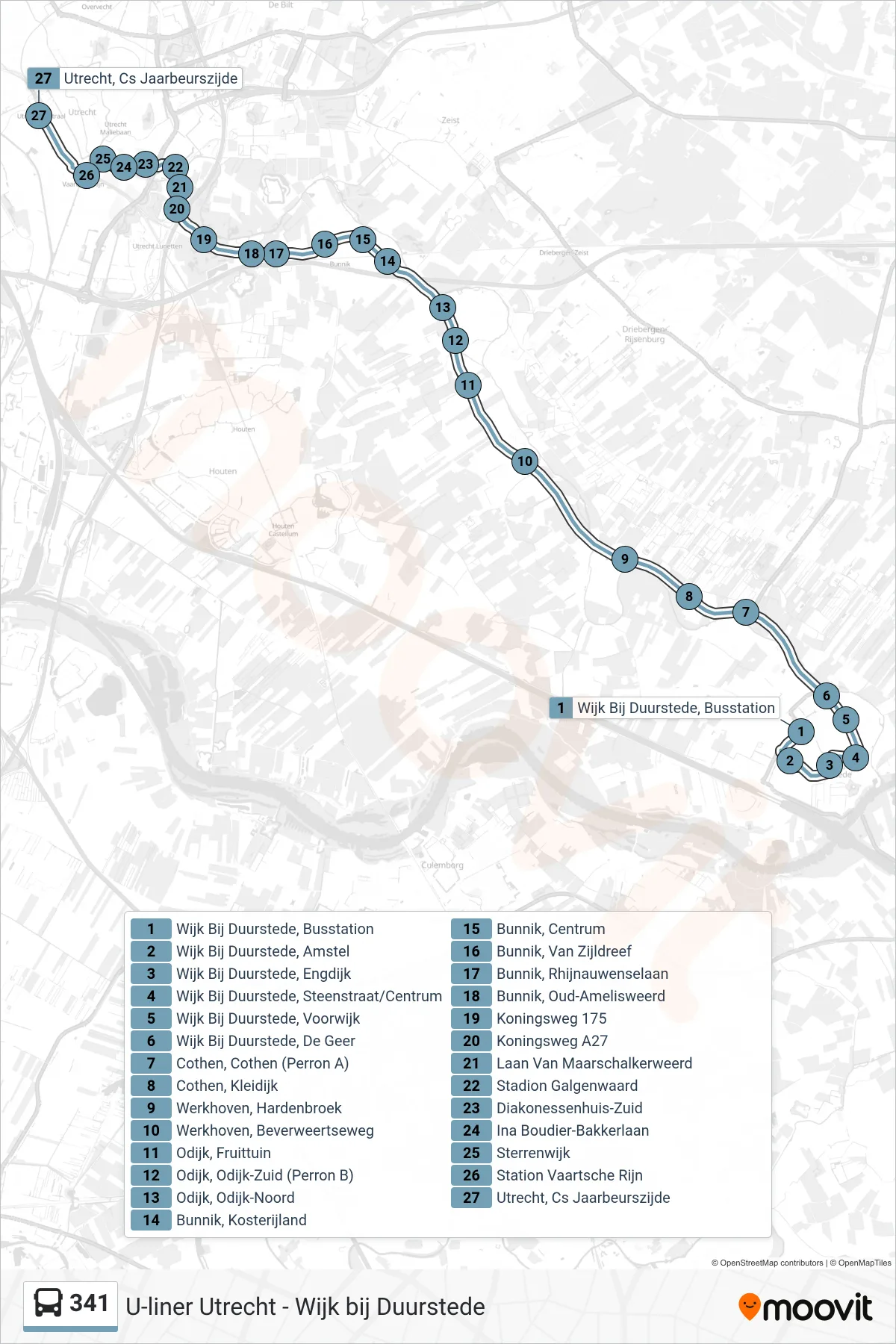 Lijn 341 (bus, Utrecht Cs): route en haltes op de kaart