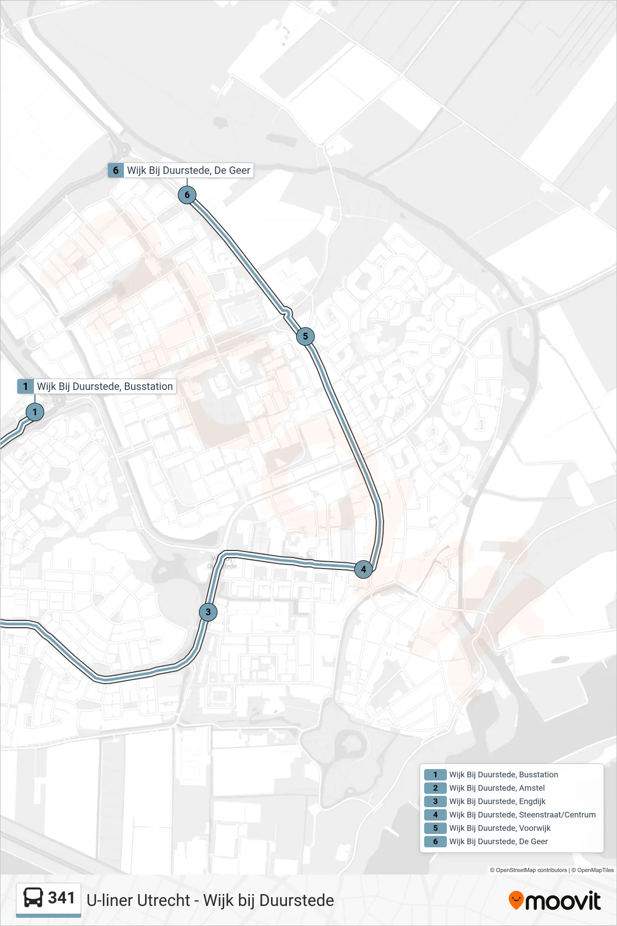 341 bus Line (Wijk Bij Duurstede) route and stops on a map