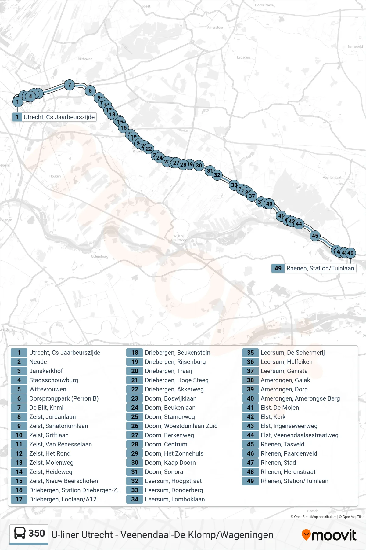 Lijn 350 (bus, Rhenen): route en haltes op de kaart