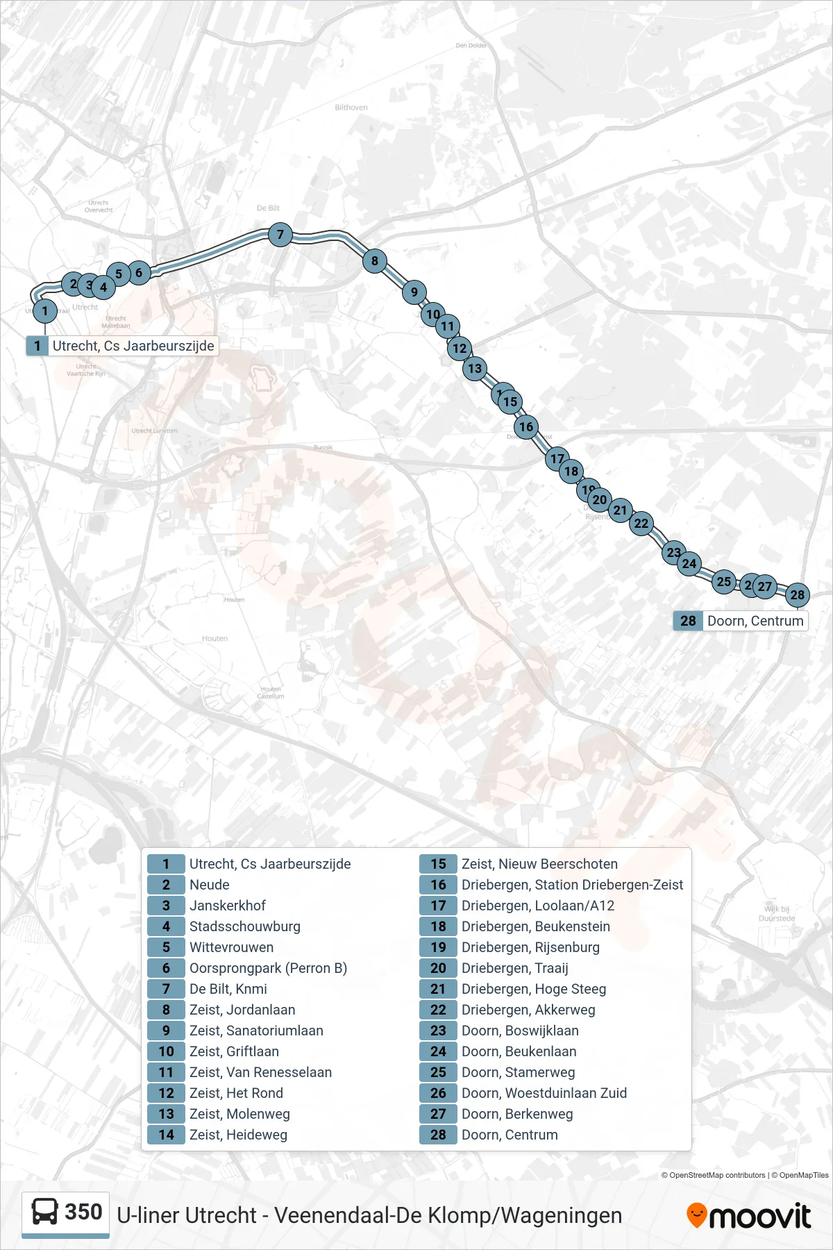 350 bus Line (Doorn) route and stops on a map