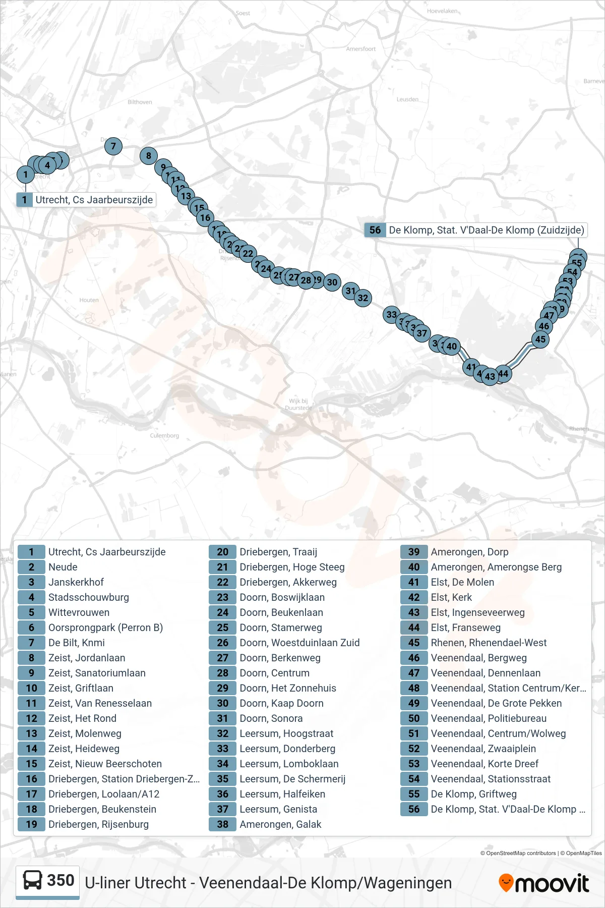 Lijn 350 (bus, Veenendaal): route en haltes op de kaart