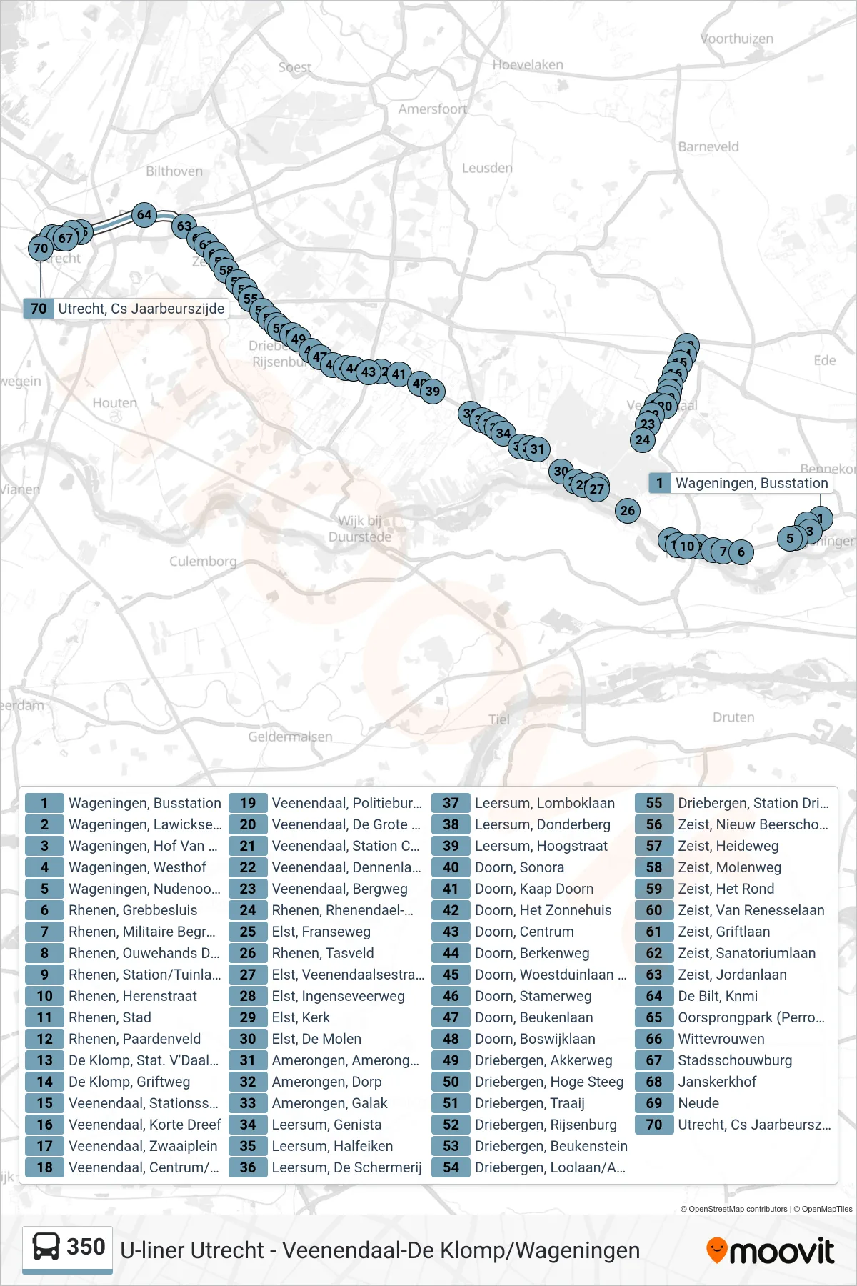 Lijn 350 (bus, Utrecht Cs): route en haltes op de kaart