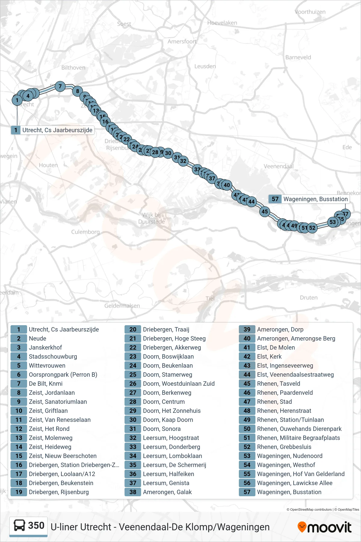 350 bus Line (Wageningen) route and stops on a map