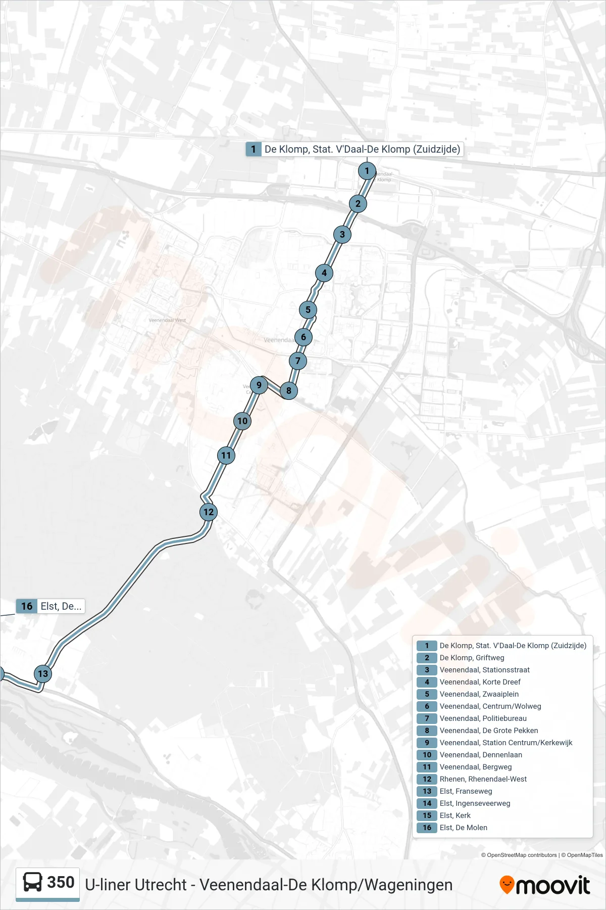 350 bus Line (Elst) route and stops on a map
