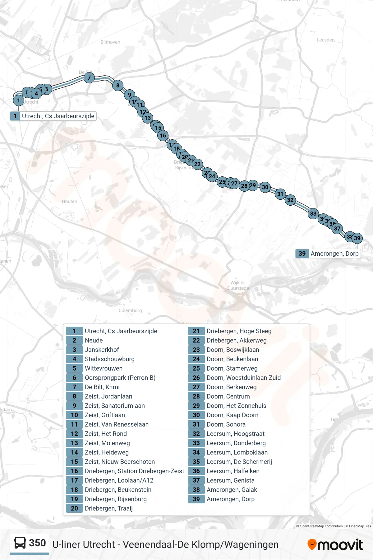 Lijn 350 (bus, Amerongen): route en haltes op de kaart