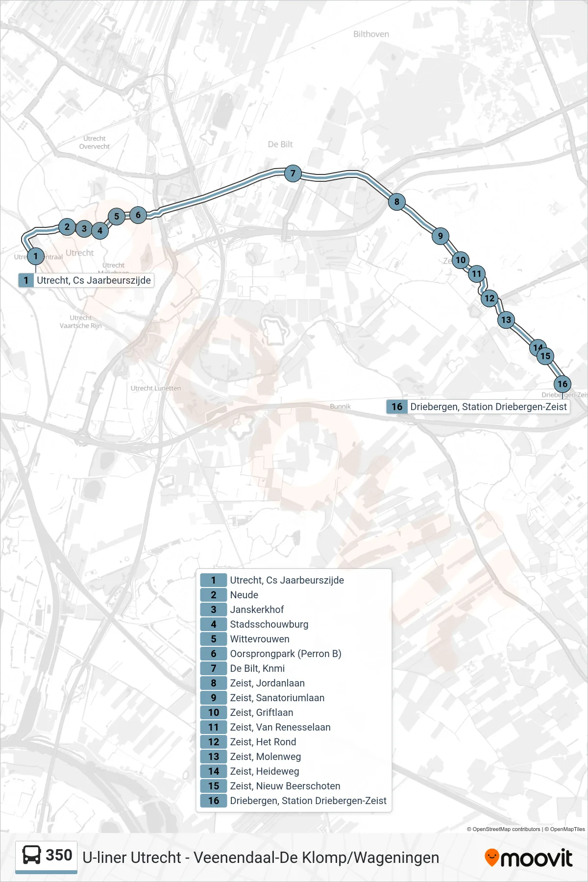 Lijn 350 (bus, Driebergen-Zeist): route en haltes op de kaart