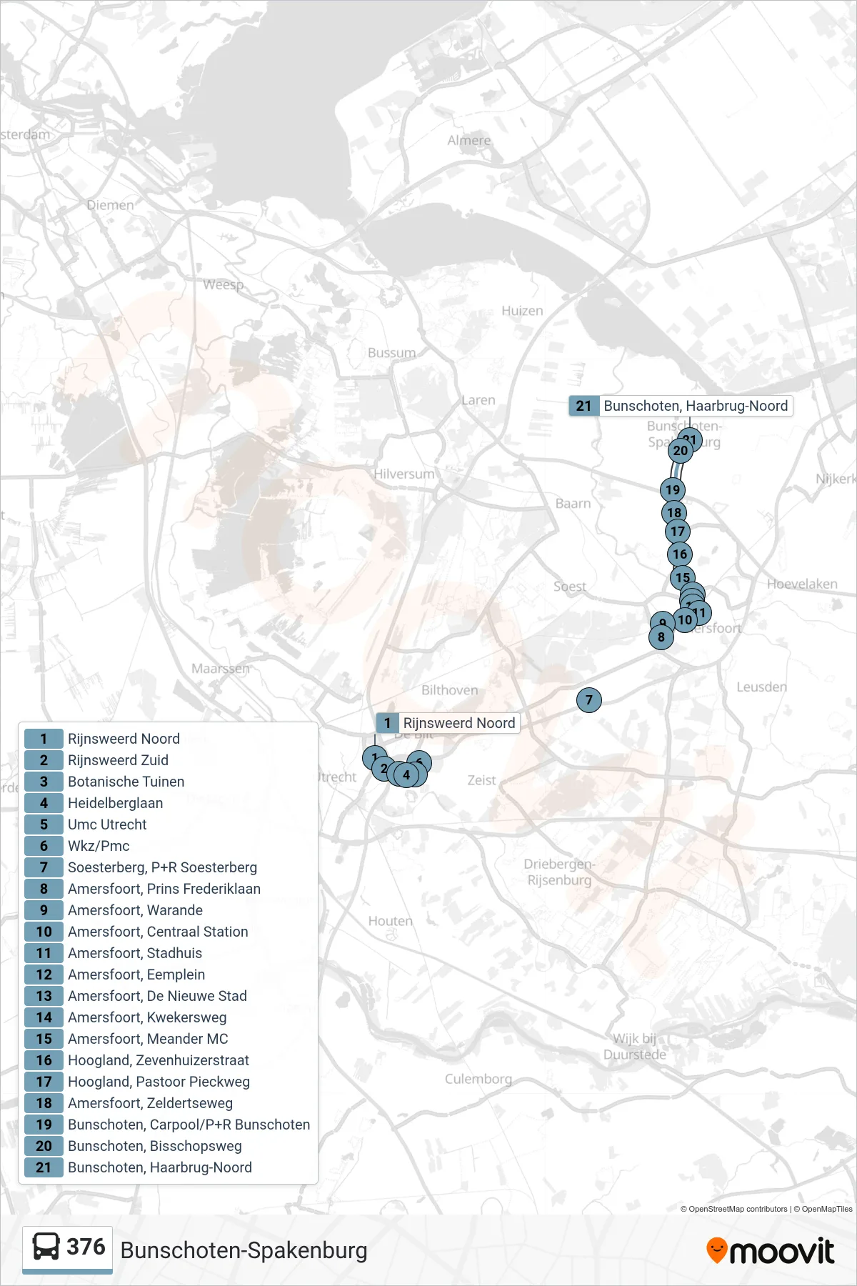 Lijn 376 (bus, Bunschoten-Spakenburg): route en haltes op de kaart
