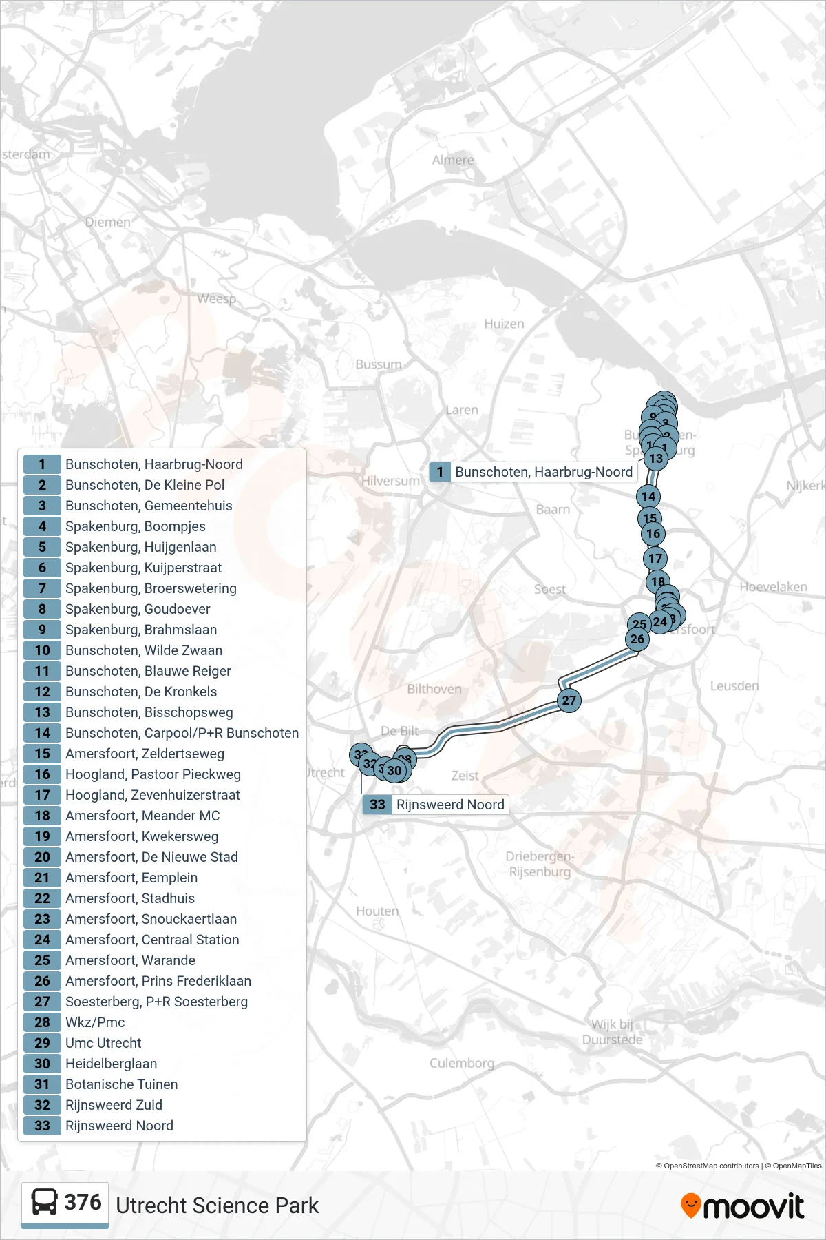 Lijn 376 (bus, Utrecht Science Park): route en haltes op de kaart
