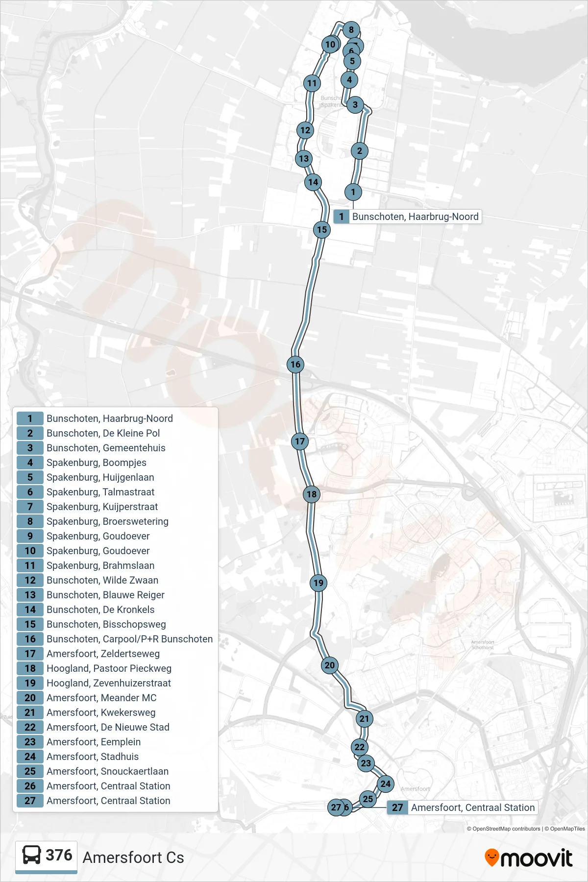 Lijn 376 (bus, Amersfoort Cs): route en haltes op de kaart