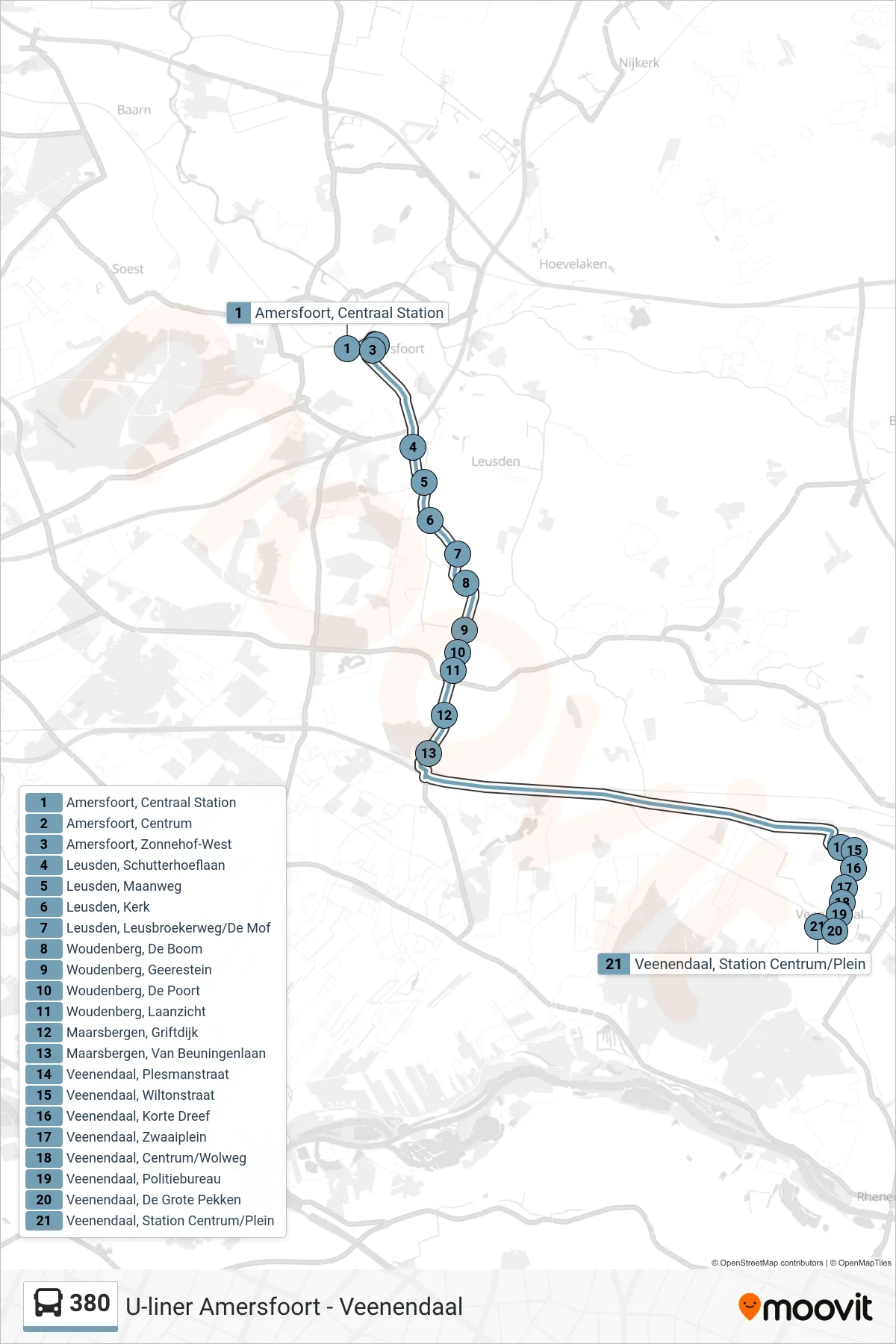 Lijn 380 (bus, Veenendaal): route en haltes op de kaart