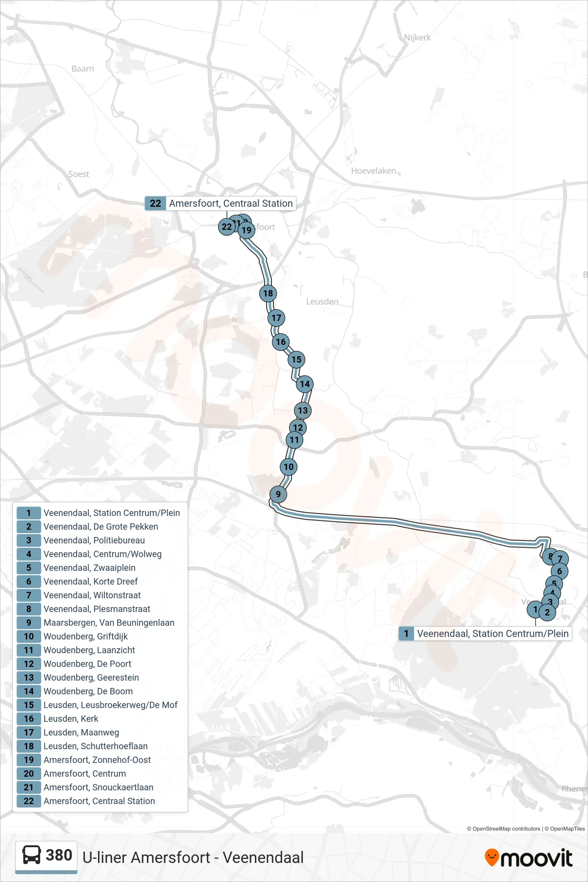 Lijn 380 (bus, Amersfoort Cs): route en haltes op de kaart