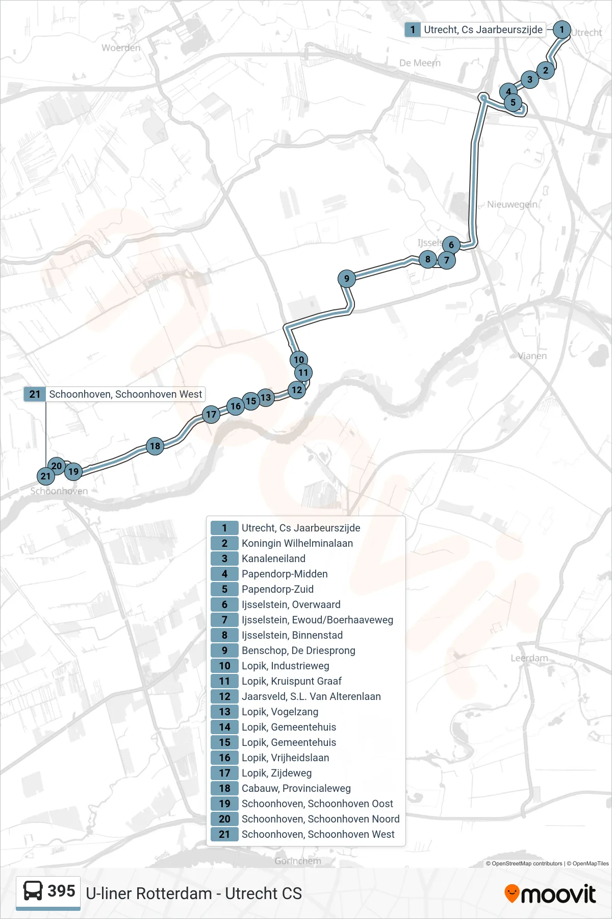 Lijn 395 (bus, Schoonhoven): route en haltes op de kaart