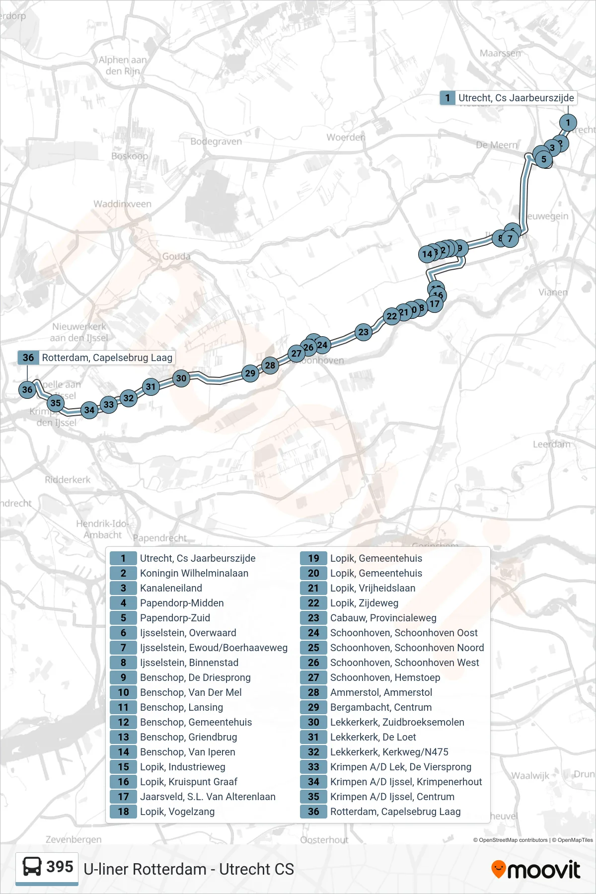 Lijn 395 (bus, Rotterdam Capelsebrug): route en haltes op de kaart