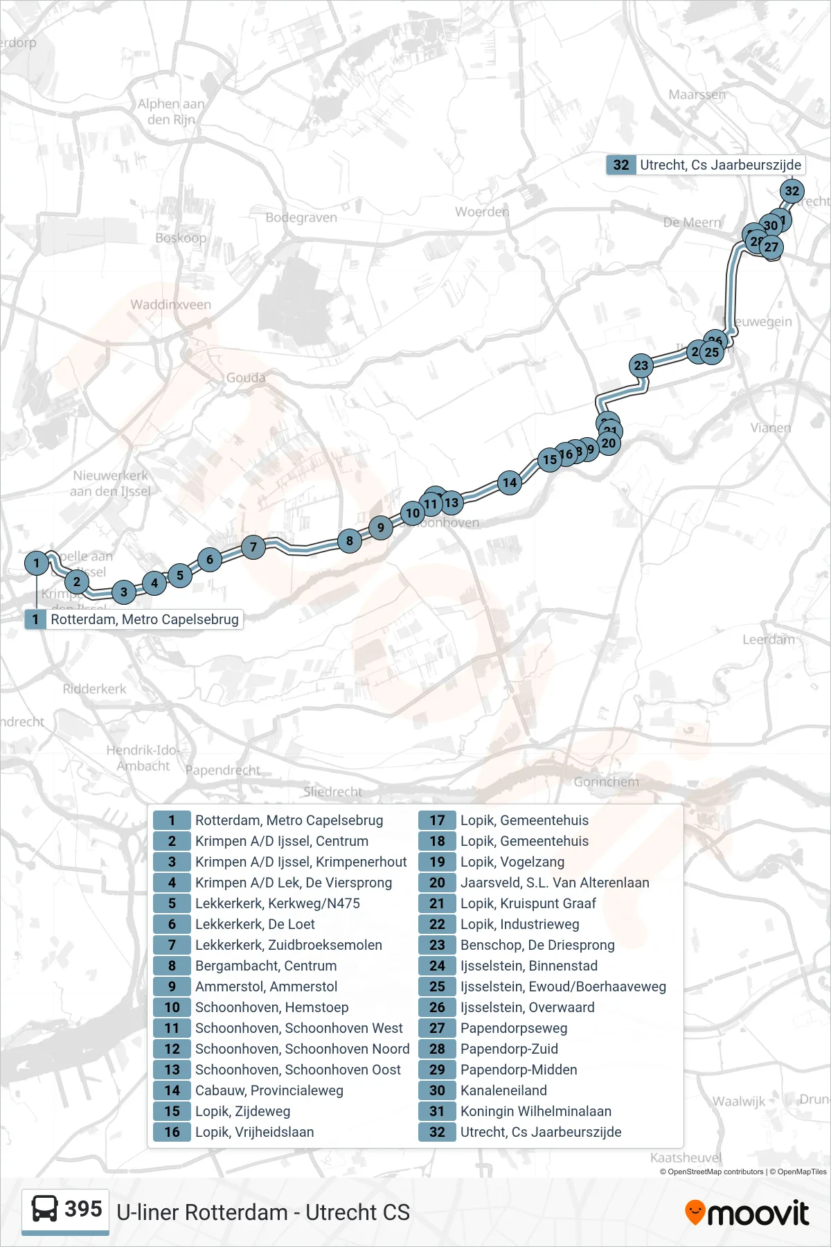 395 bus Line (Utrecht Cs) route and stops on a map