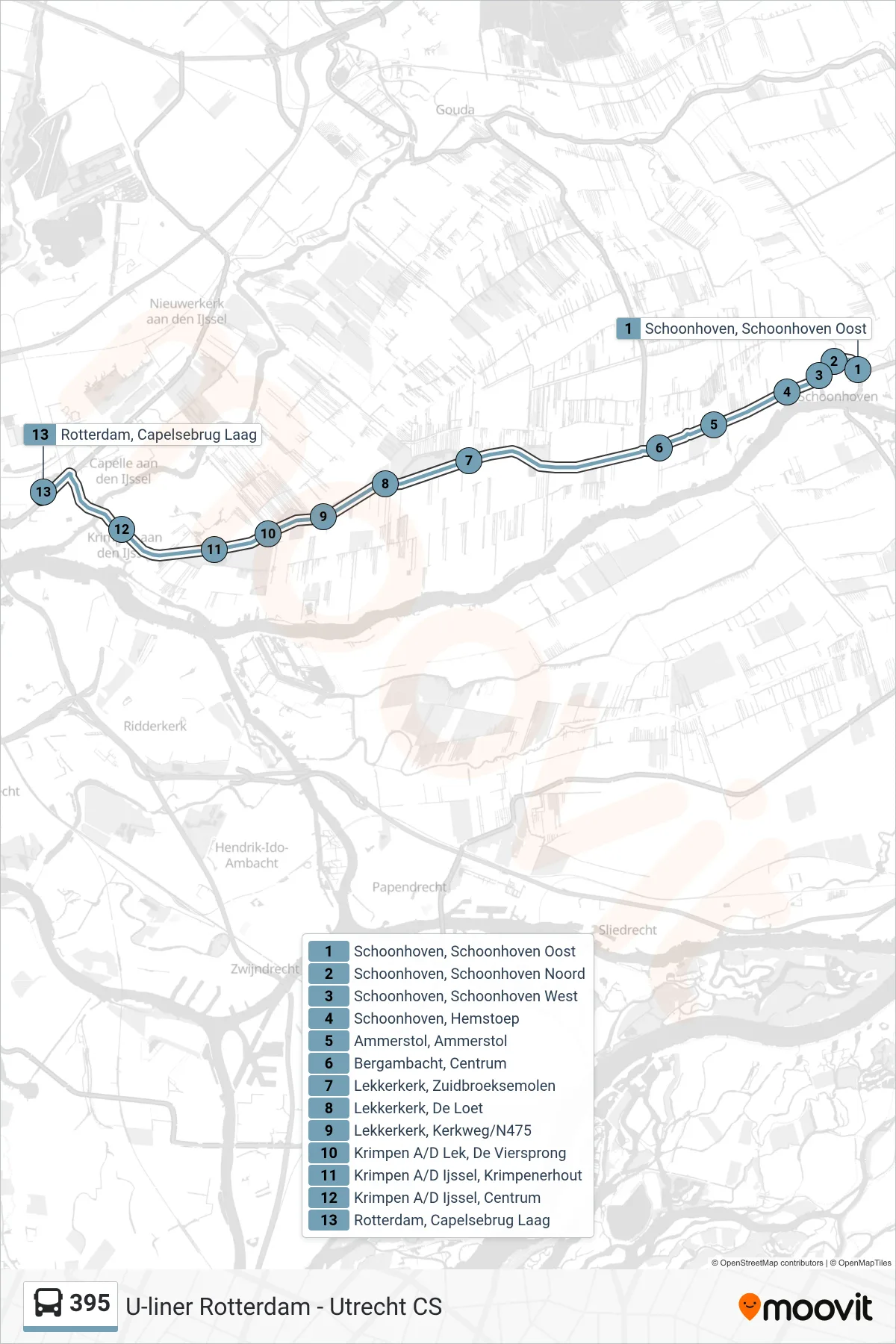 Lijn 395 (bus, Rotterdam): route en haltes op de kaart