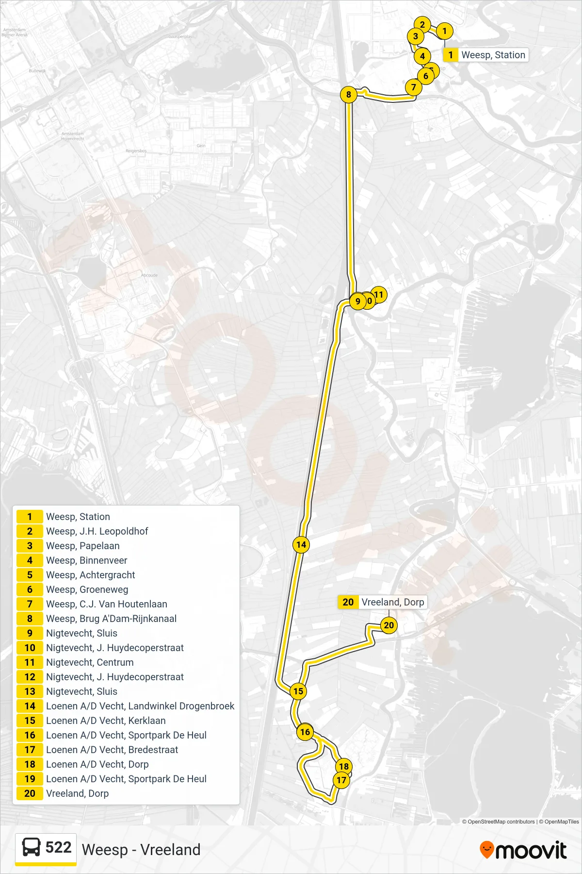 Lijn 522 (bus, Vreeland): route en haltes op de kaart