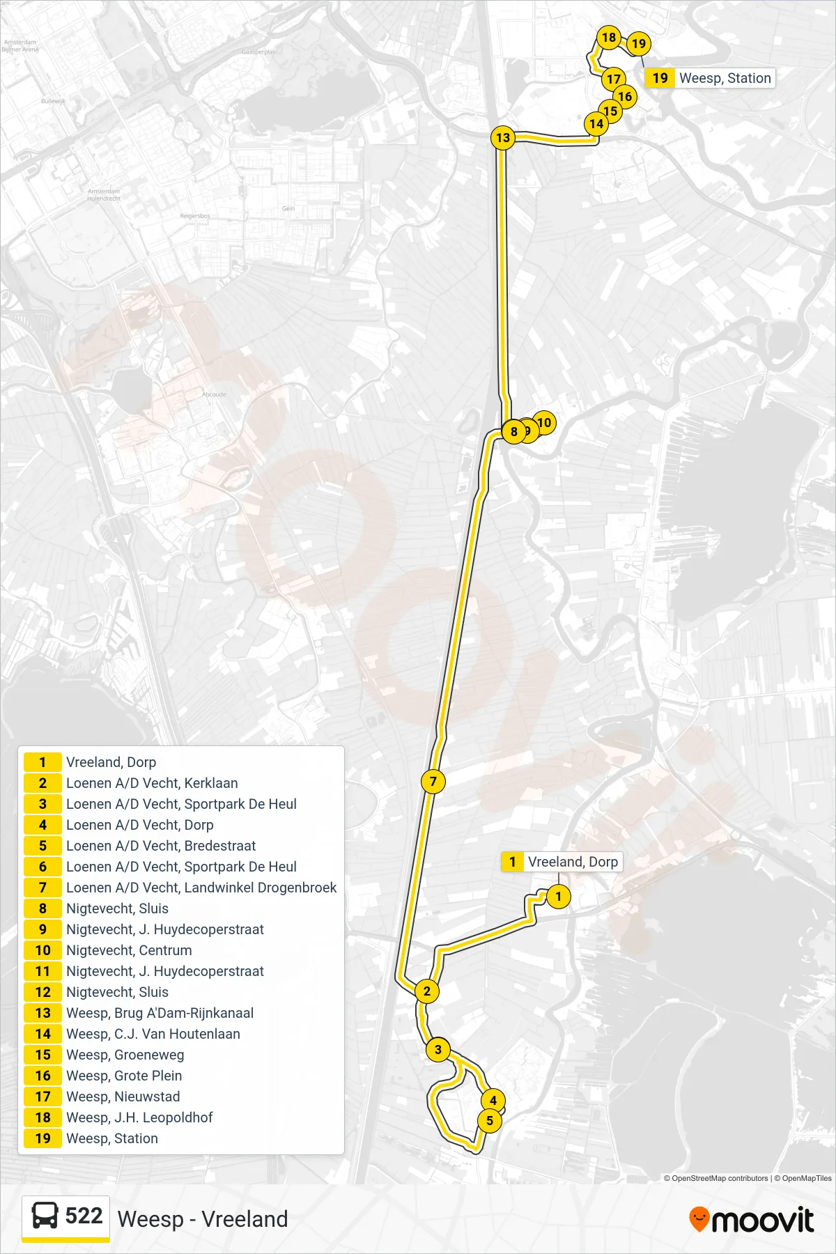Lijn 522 (bus, Weesp): route en haltes op de kaart