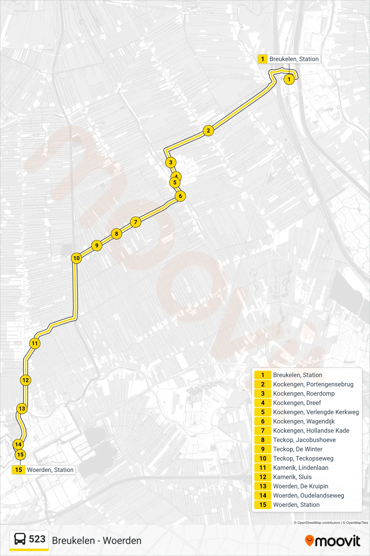Lijn 523 (bus, Woerden): route en haltes op de kaart