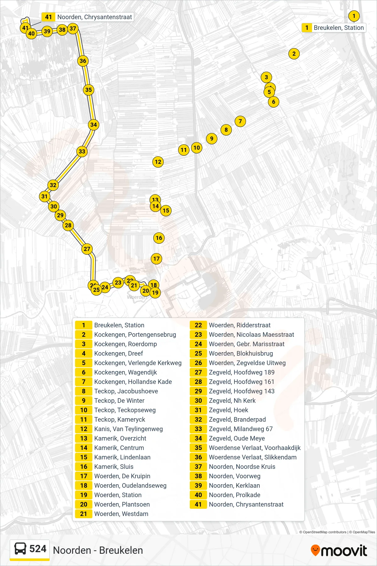 Lijn 524 (bus, Noorden): route en haltes op de kaart