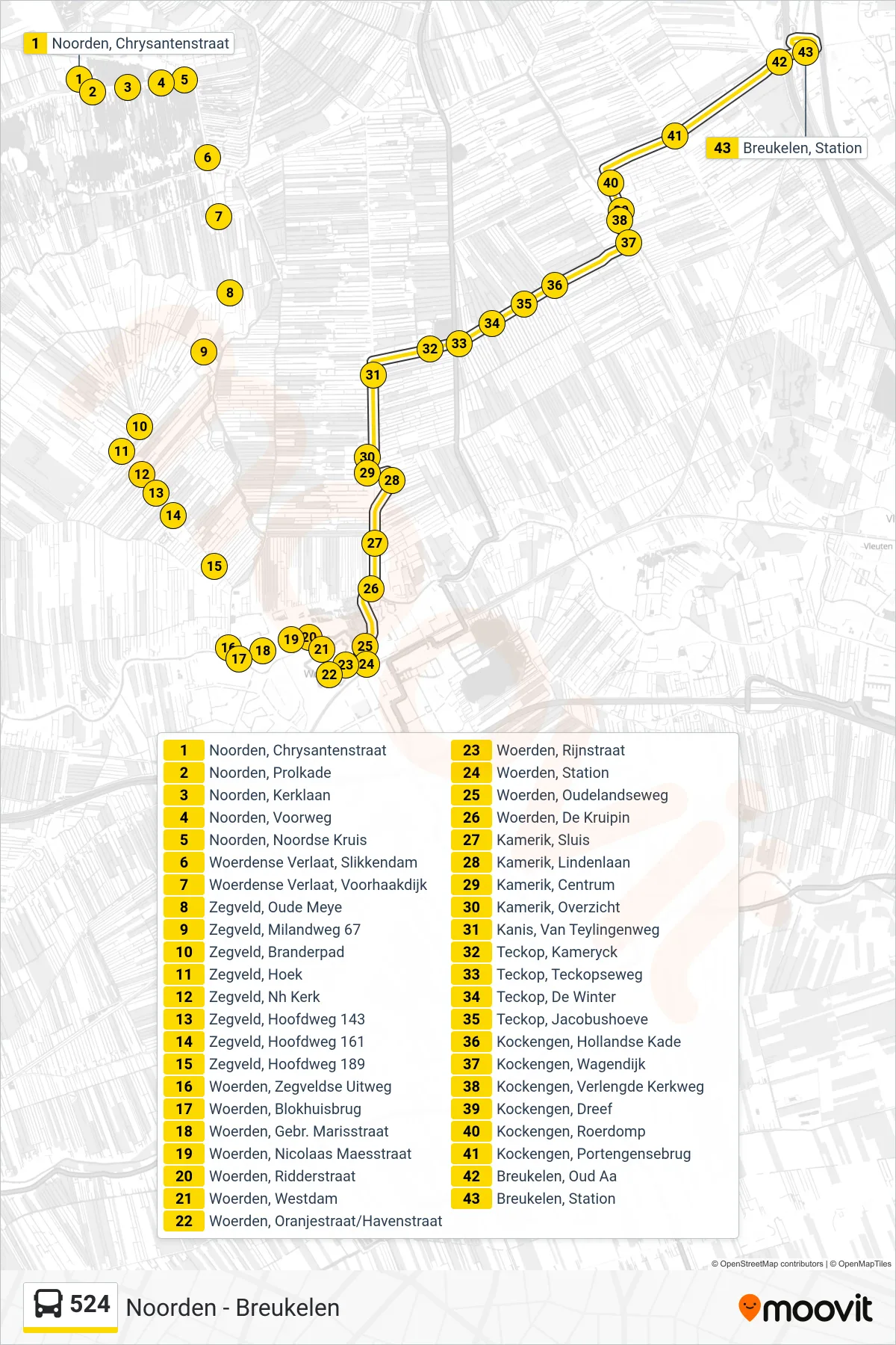 Lijn 524 (bus, Breukelen): route en haltes op de kaart