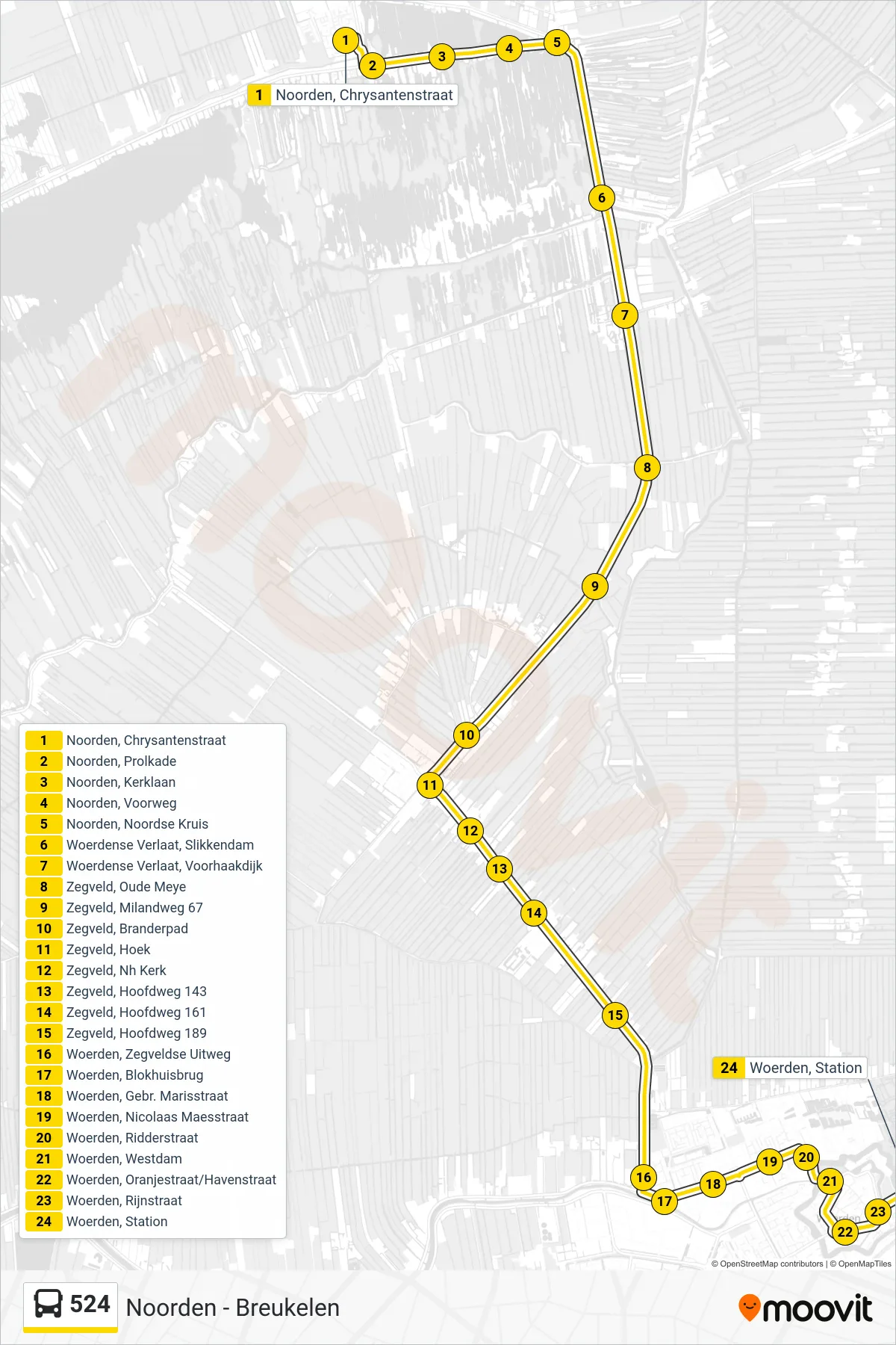 Lijn 524 (bus, Woerden): route en haltes op de kaart