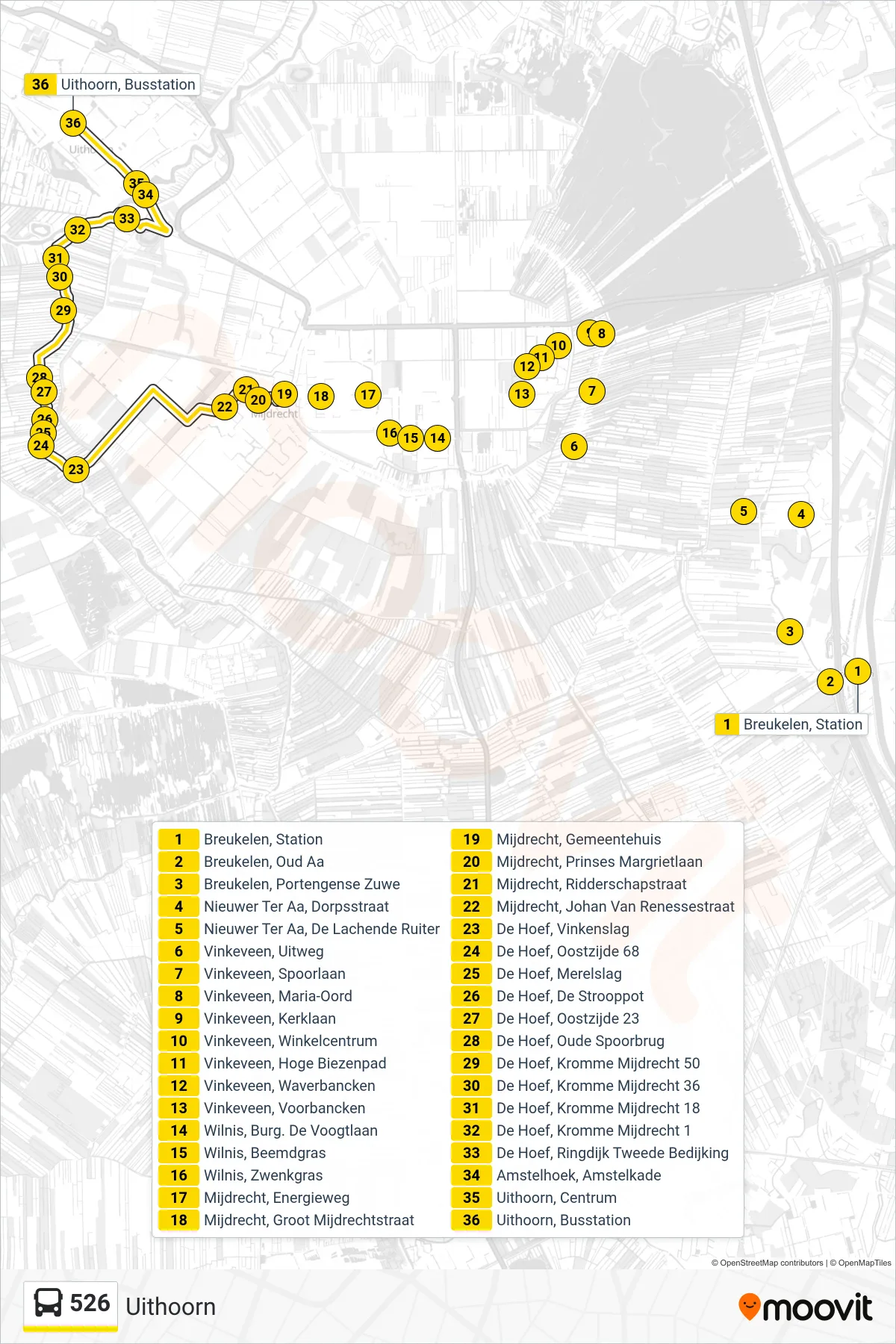 Lijn 526 (bus, Uithoorn): route en haltes op de kaart