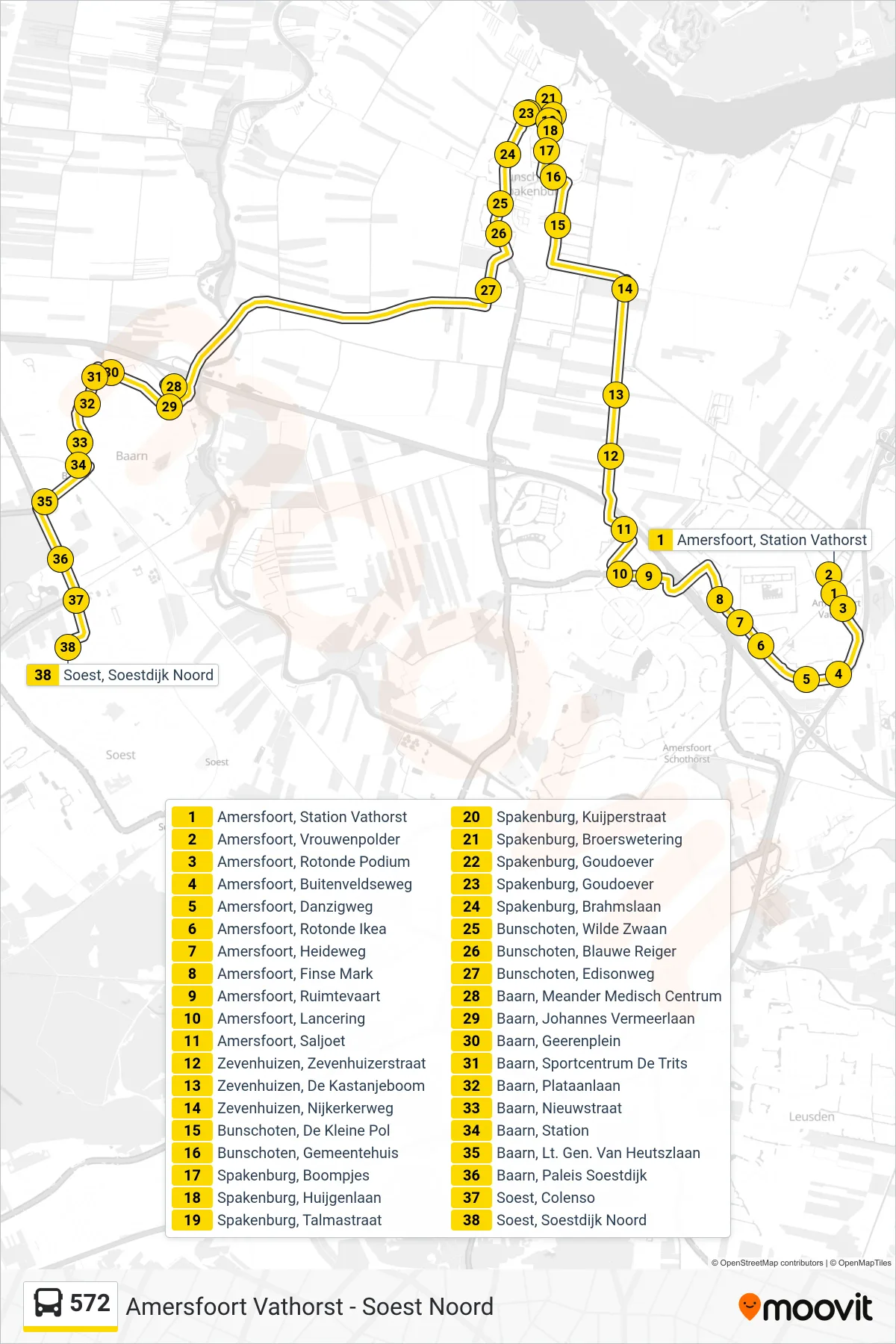 Lijn 572 (bus, Soestdijk Noord): route en haltes op de kaart