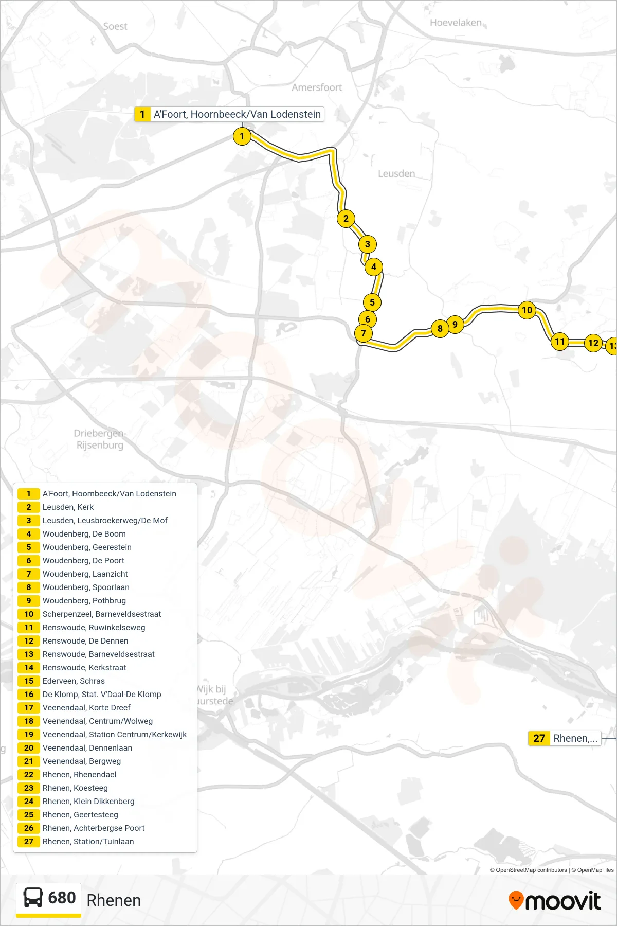 Lijn 680 (bus, Rhenen): route en haltes op de kaart
