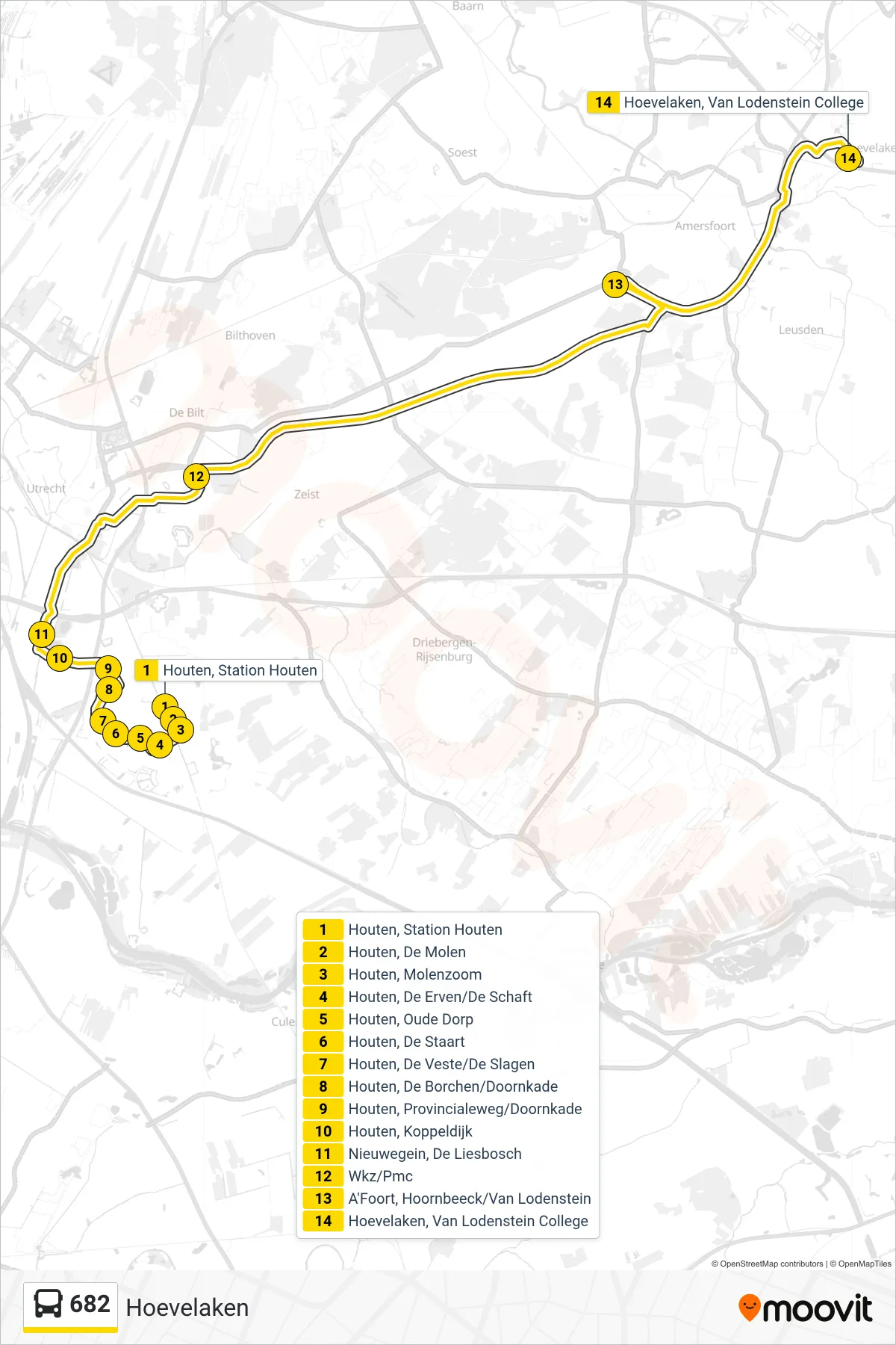 Lijn 682 (bus, Hoevelaken): route en haltes op de kaart