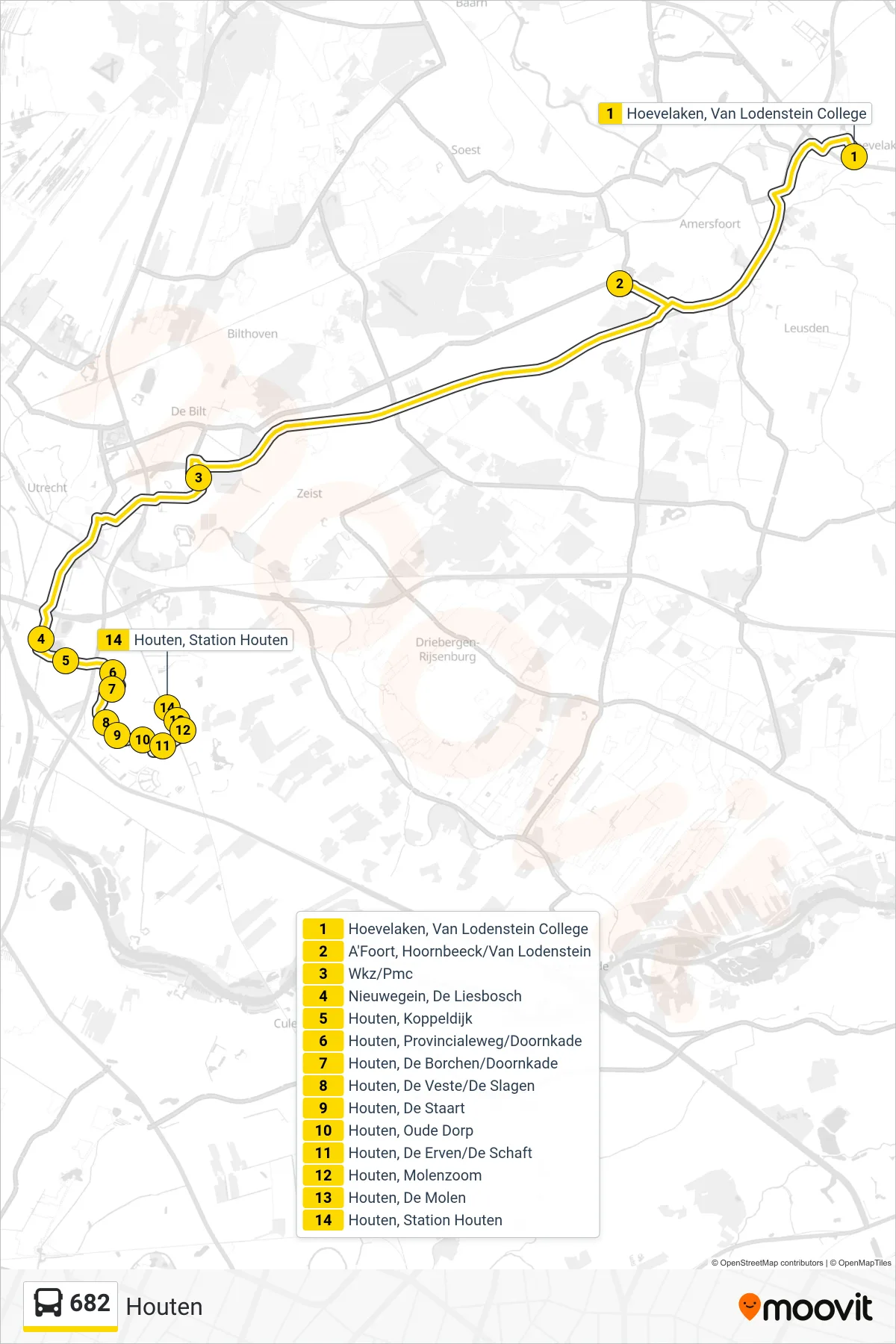 Lijn 682 (bus, Houten): route en haltes op de kaart