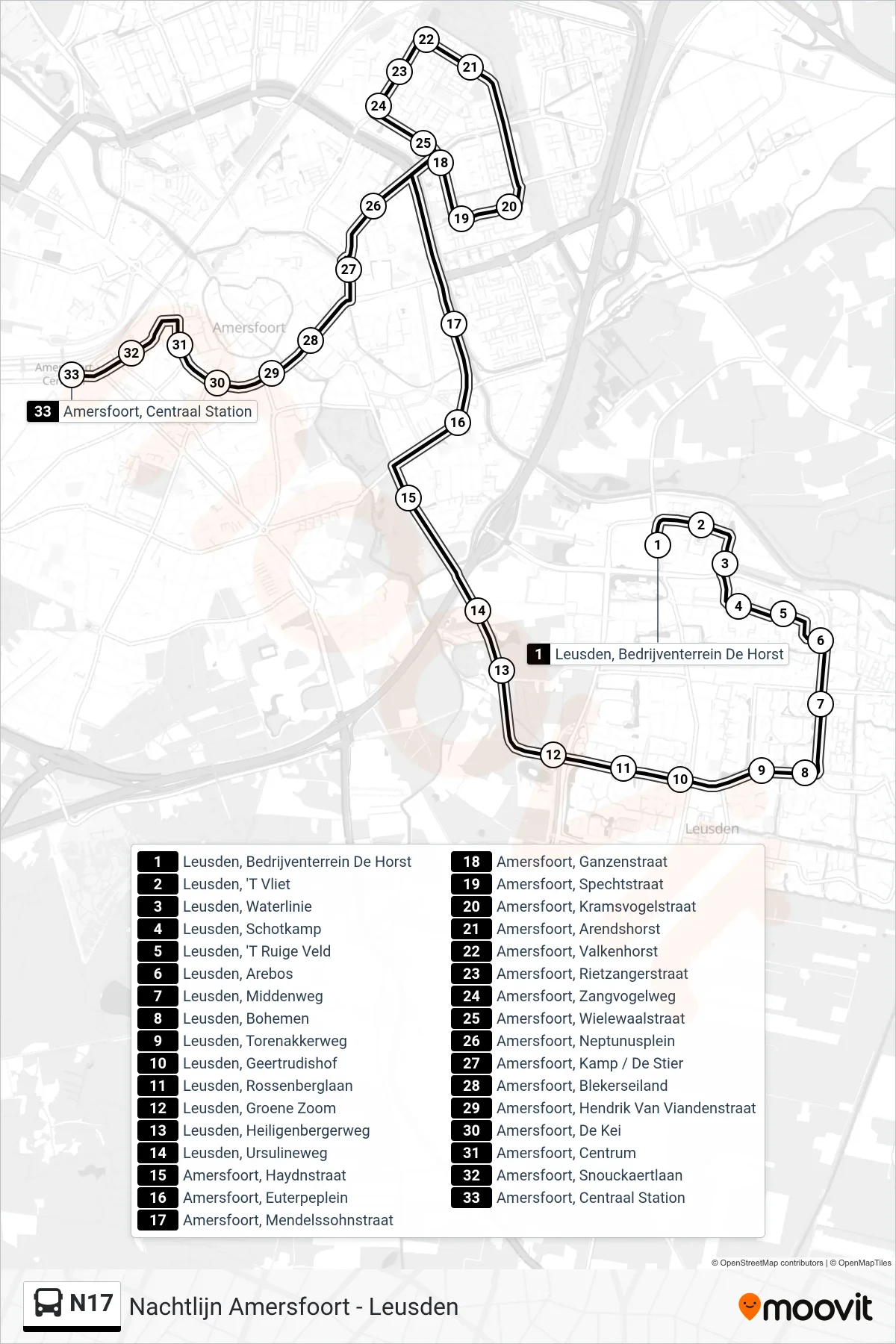 Lijn N17 (bus, Amersfoort Cs): route en haltes op de kaart