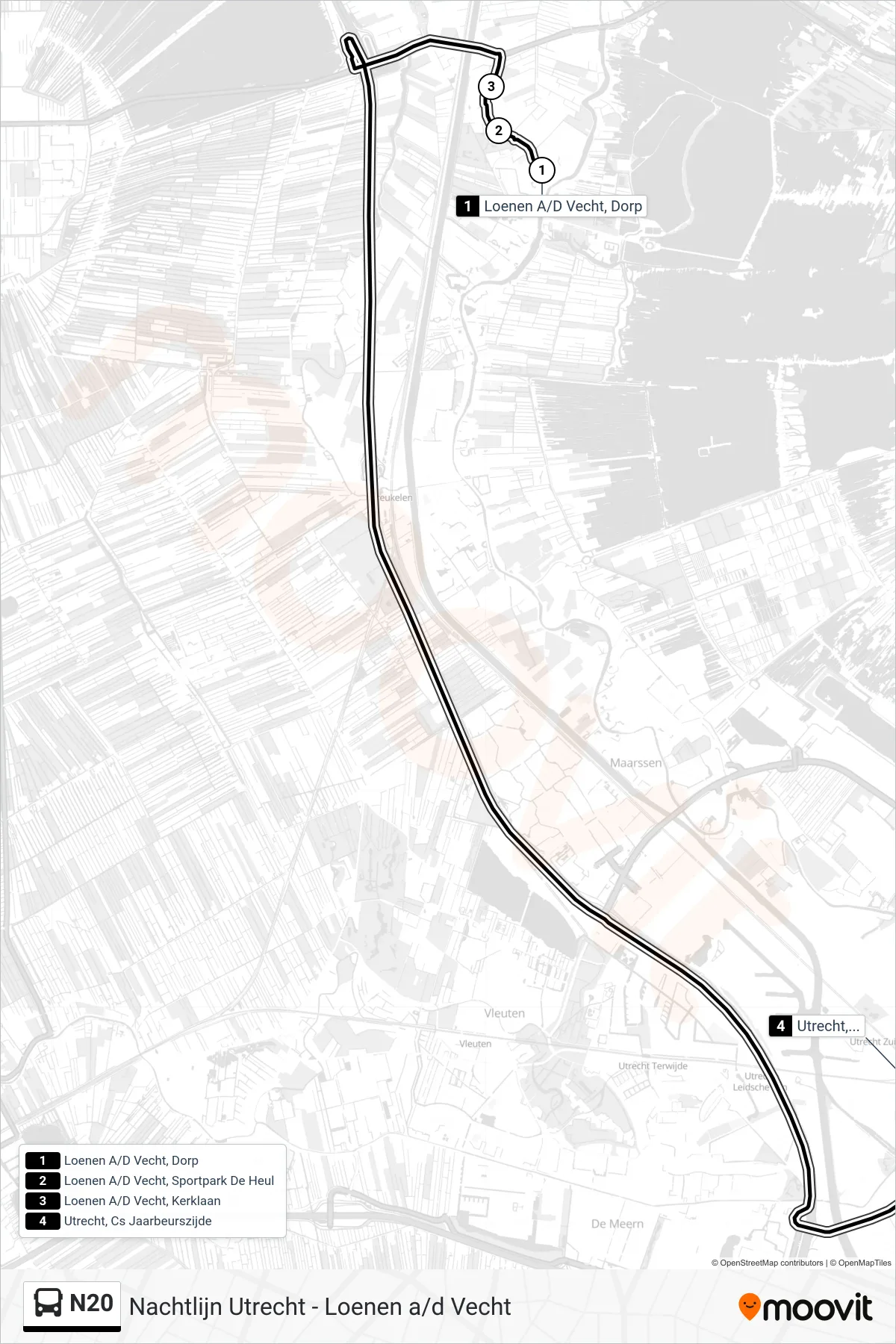 Lijn N20 (bus, Utrecht Cs Via A2): route en haltes op de kaart