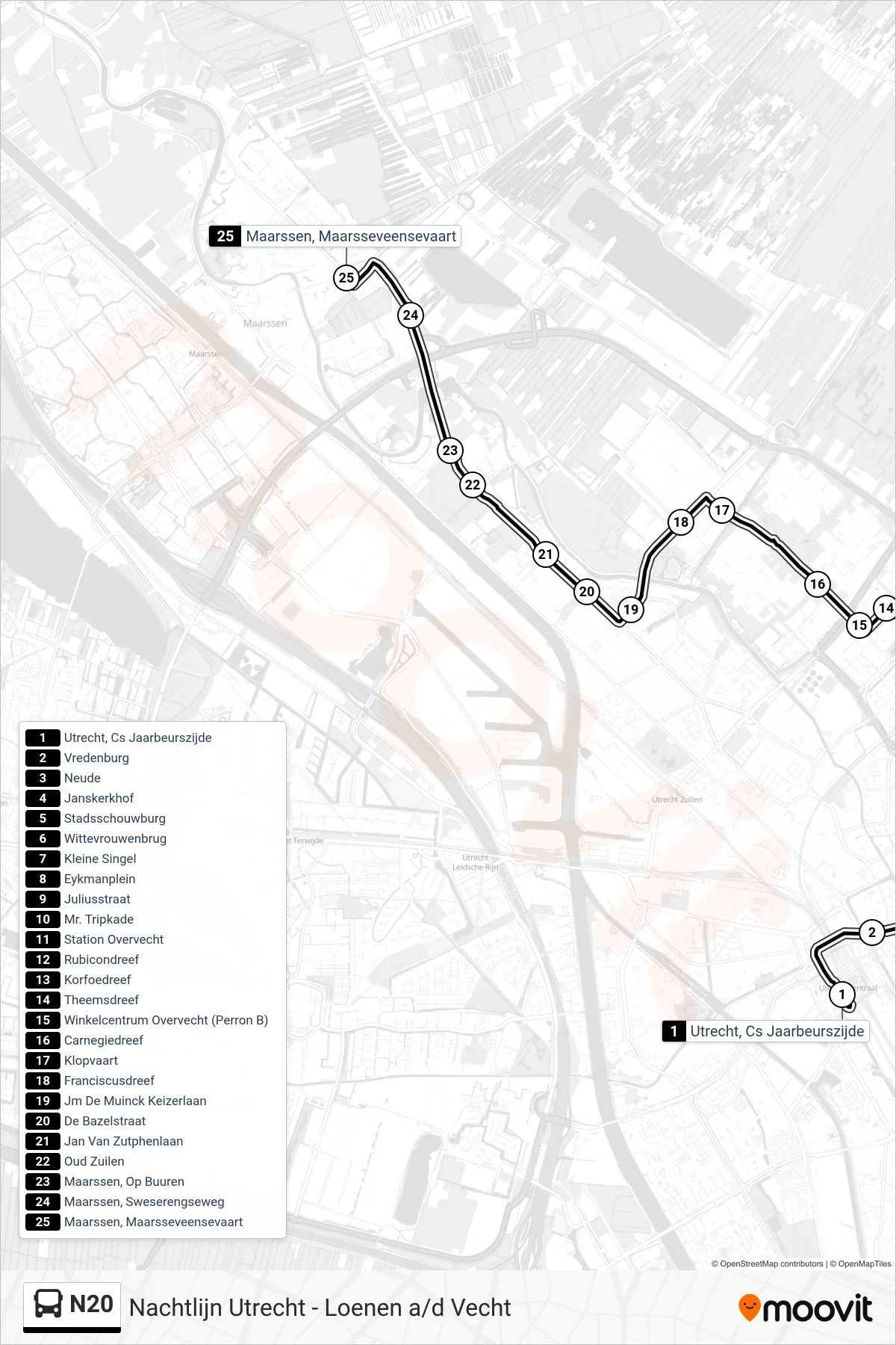 N20 bus Line (Maarssen) route and stops on a map