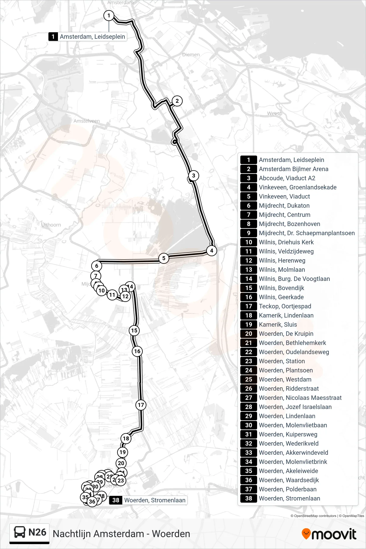 N26 bus Line (Woerden) route and stops on a map