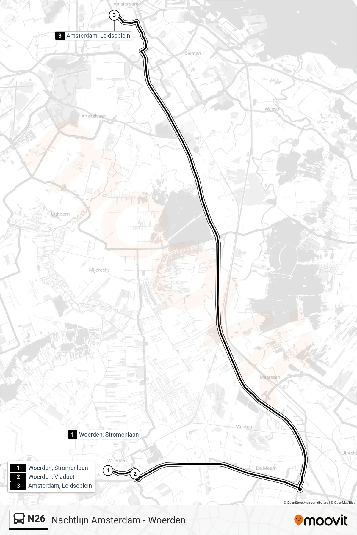 Lijn N26 (bus, Amsterdam): route en haltes op de kaart