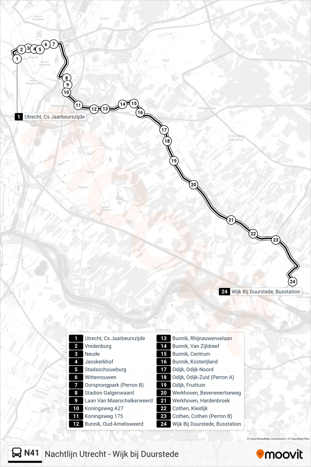 Lijn N41 (bus, Wijk Bij Duurstede): route en haltes op de kaart