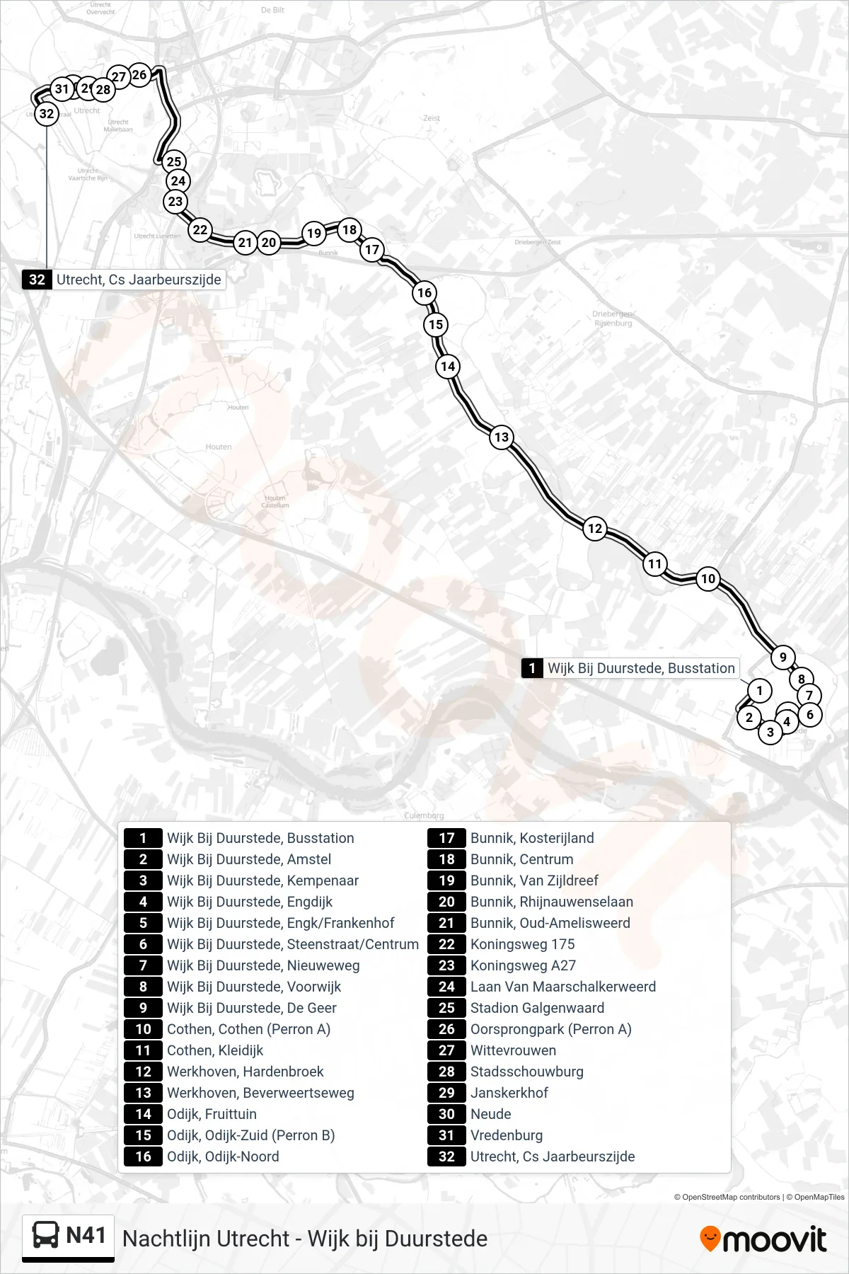 N41 bus Line (Utrecht Cs) route and stops on a map
