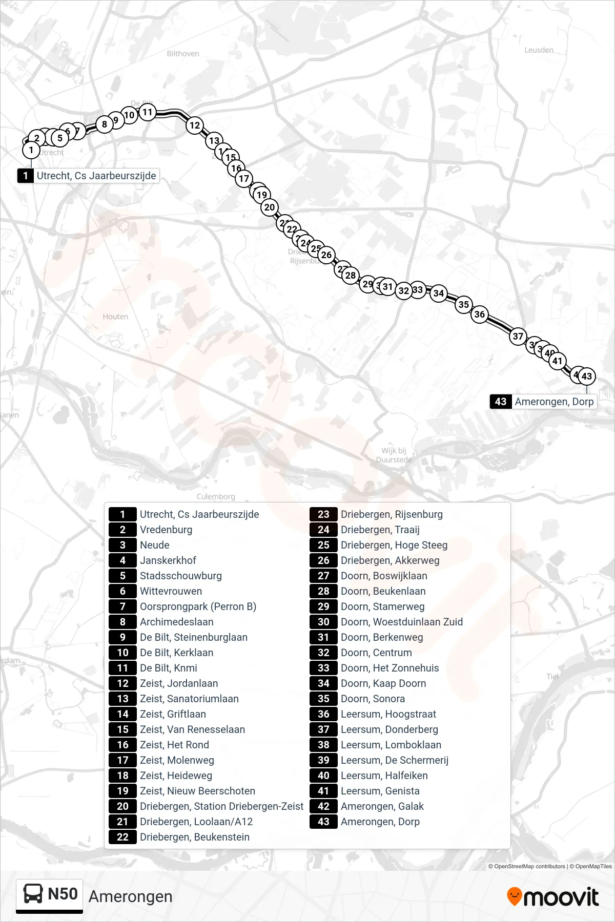 N50 bus Line (Amerongen) route and stops on a map