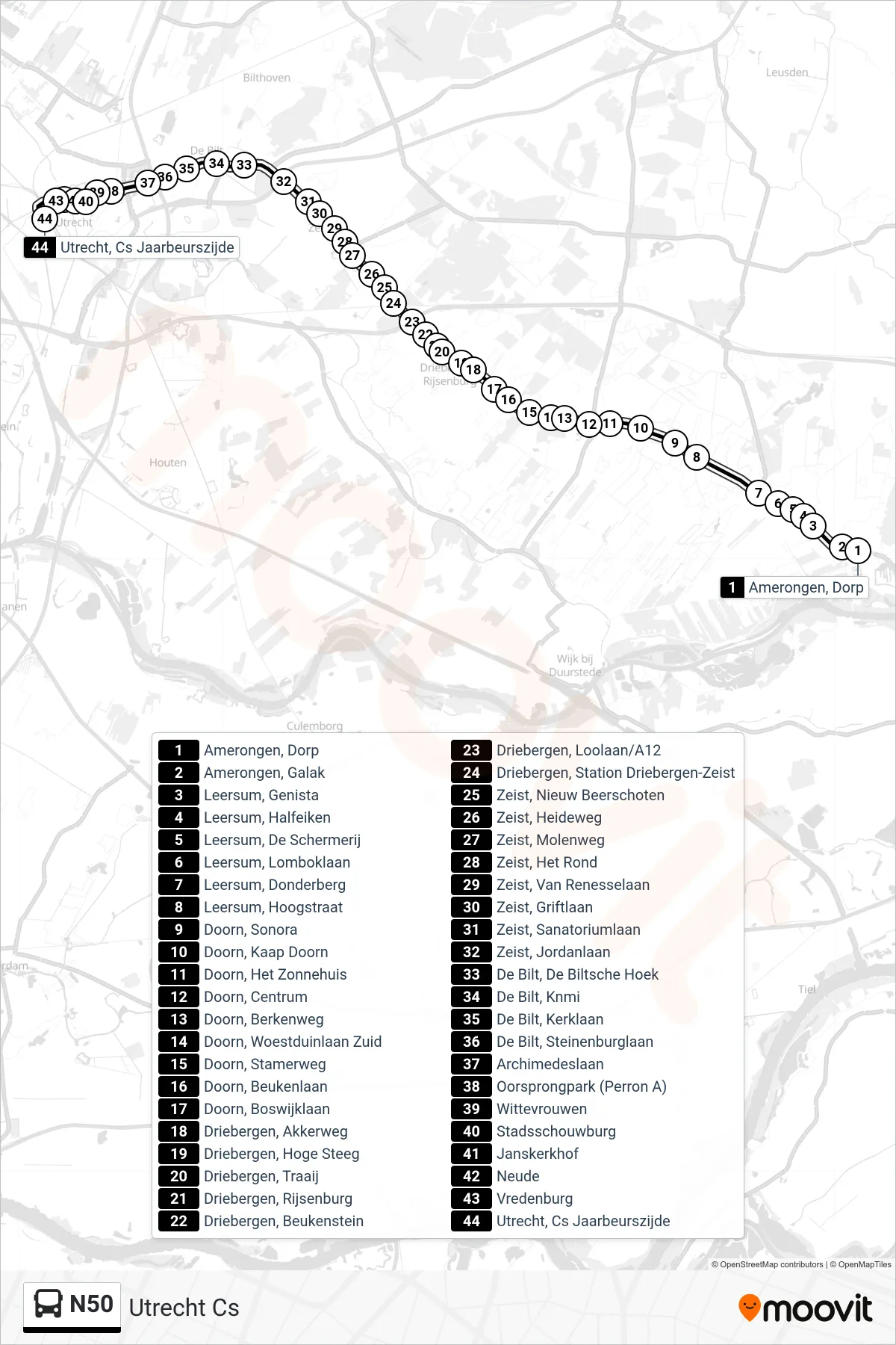 Lijn N50 (bus, Utrecht Cs): route en haltes op de kaart