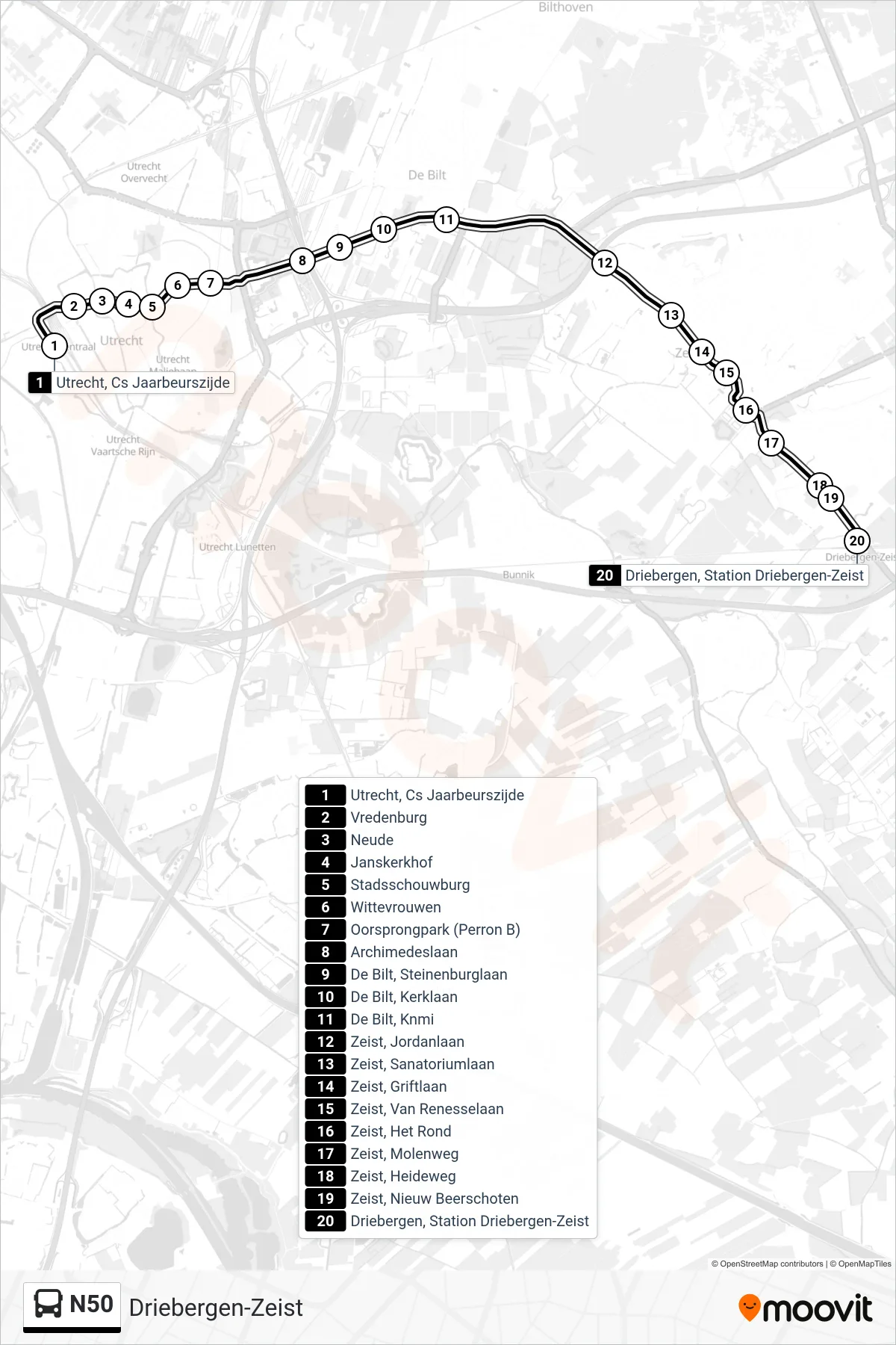 Lijn N50 (bus, Driebergen-Zeist): route en haltes op de kaart