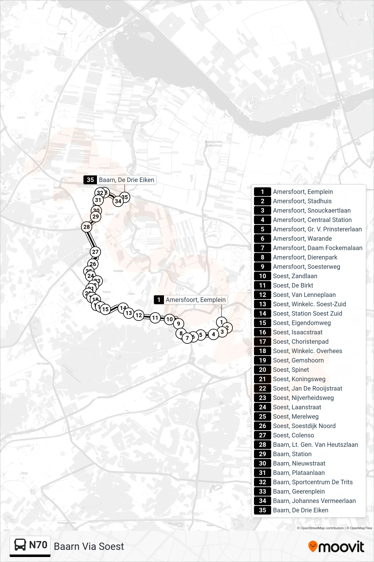 N70 bus Line (Baarn Via Soest) route and stops on a map