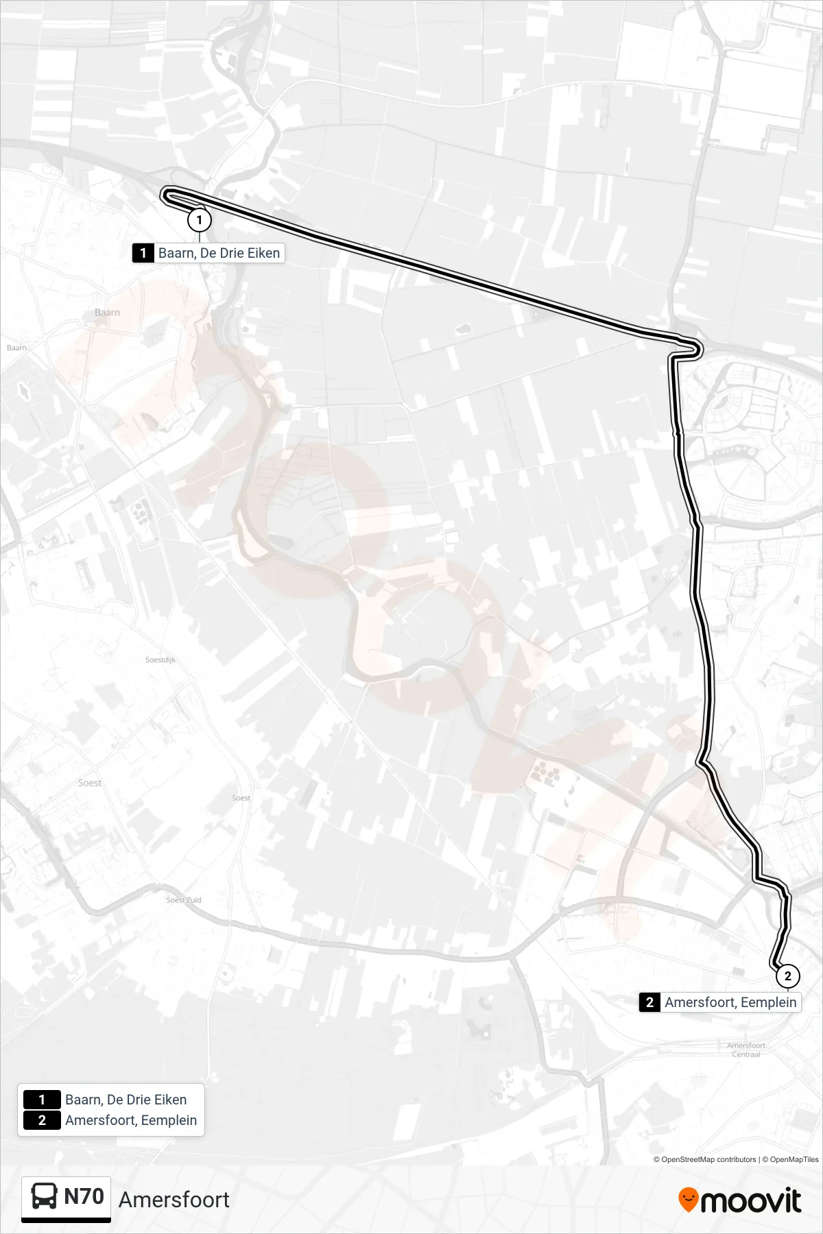 Lijn N70 (bus, Amersfoort): route en haltes op de kaart