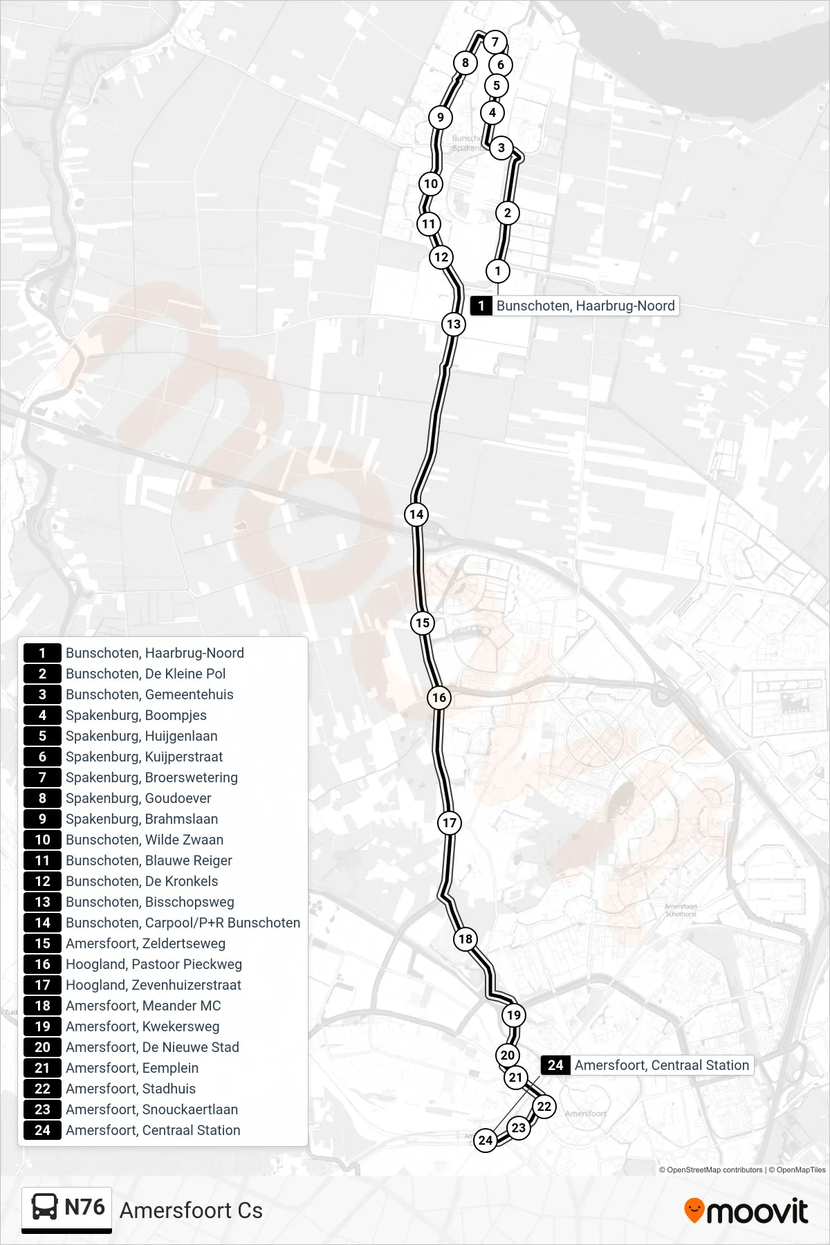 Lijn N76 (bus, Amersfoort Cs): route en haltes op de kaart