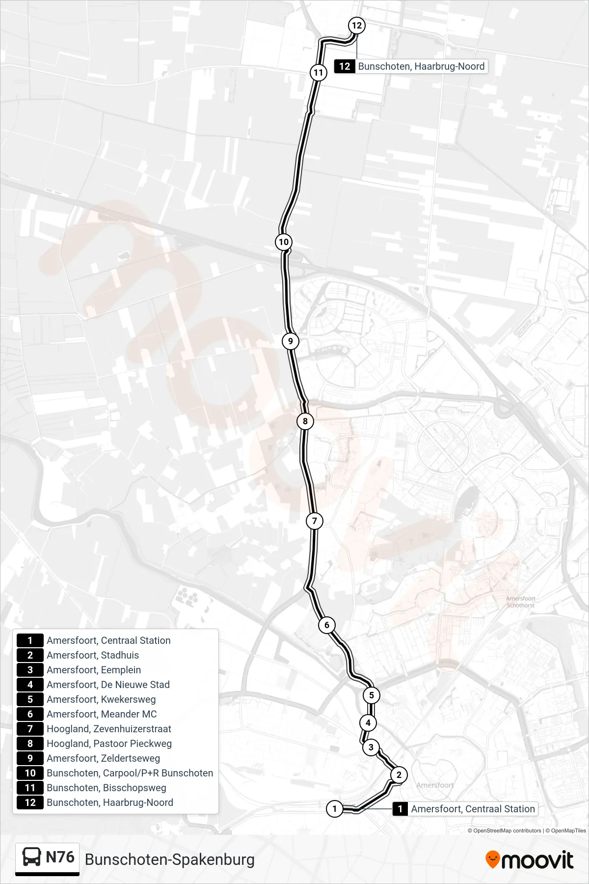 Lijn N76 (bus, Bunschoten-Spakenburg): route en haltes op de kaart
