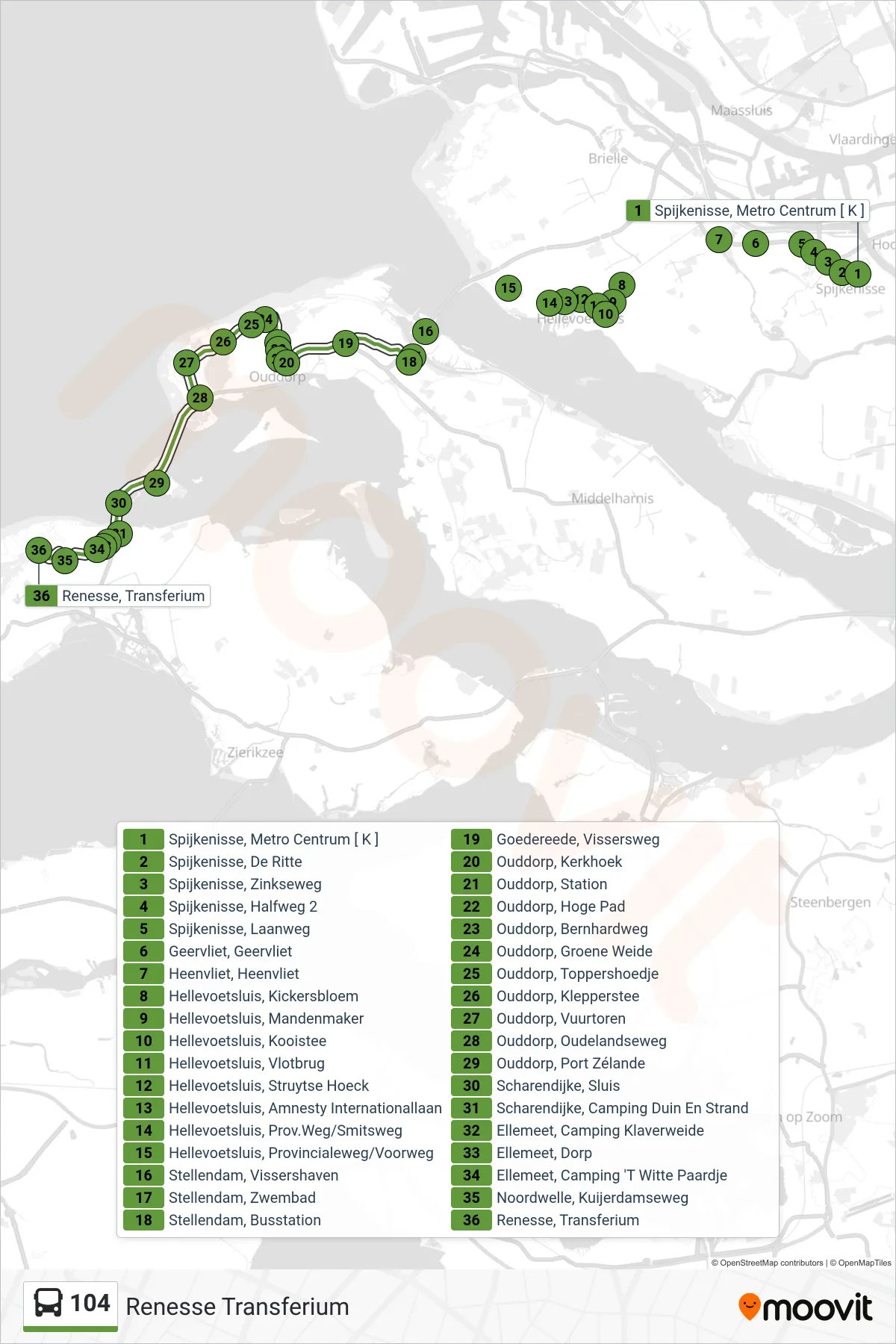 Lijn 104 (bus, Renesse Transferium): route en haltes op de kaart